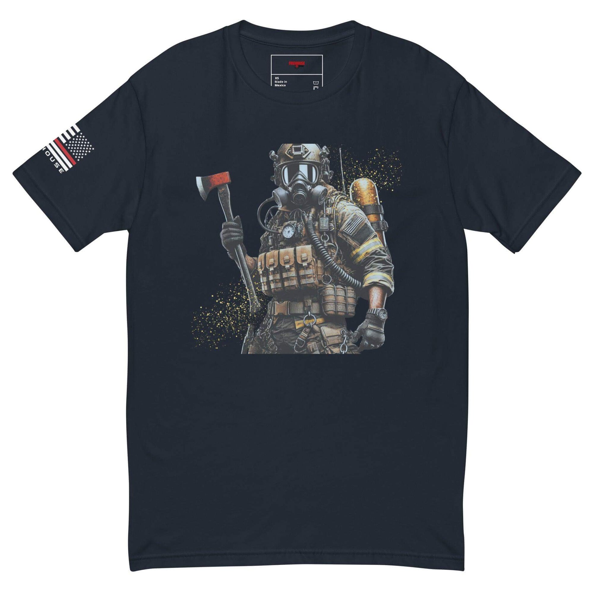 Short sleeve t-shirt featuring a firefighter in gear with axe, perfect for firefighter gifts and apparel.