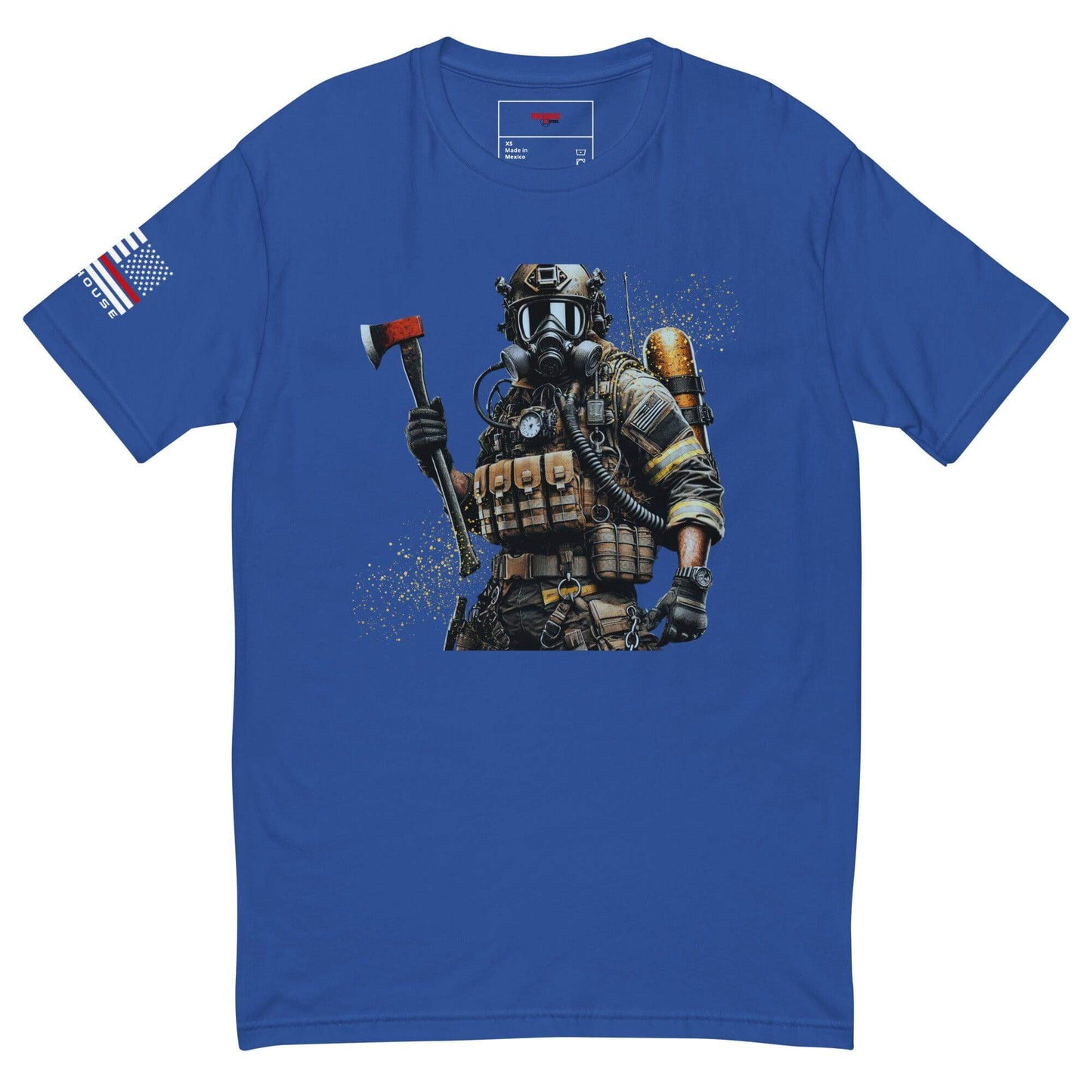 Short sleeve blue t-shirt featuring a firefighter design with an axe, perfect for firefighter gifts and apparel.