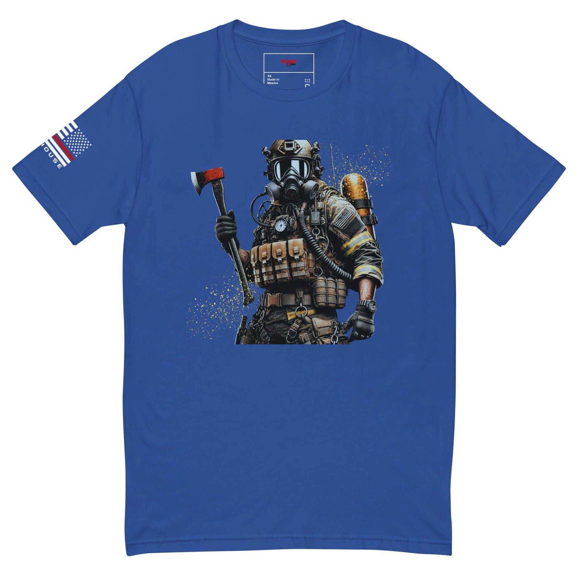 Short sleeve blue t-shirt featuring a firefighter design with an axe, perfect for firefighter gifts and apparel.