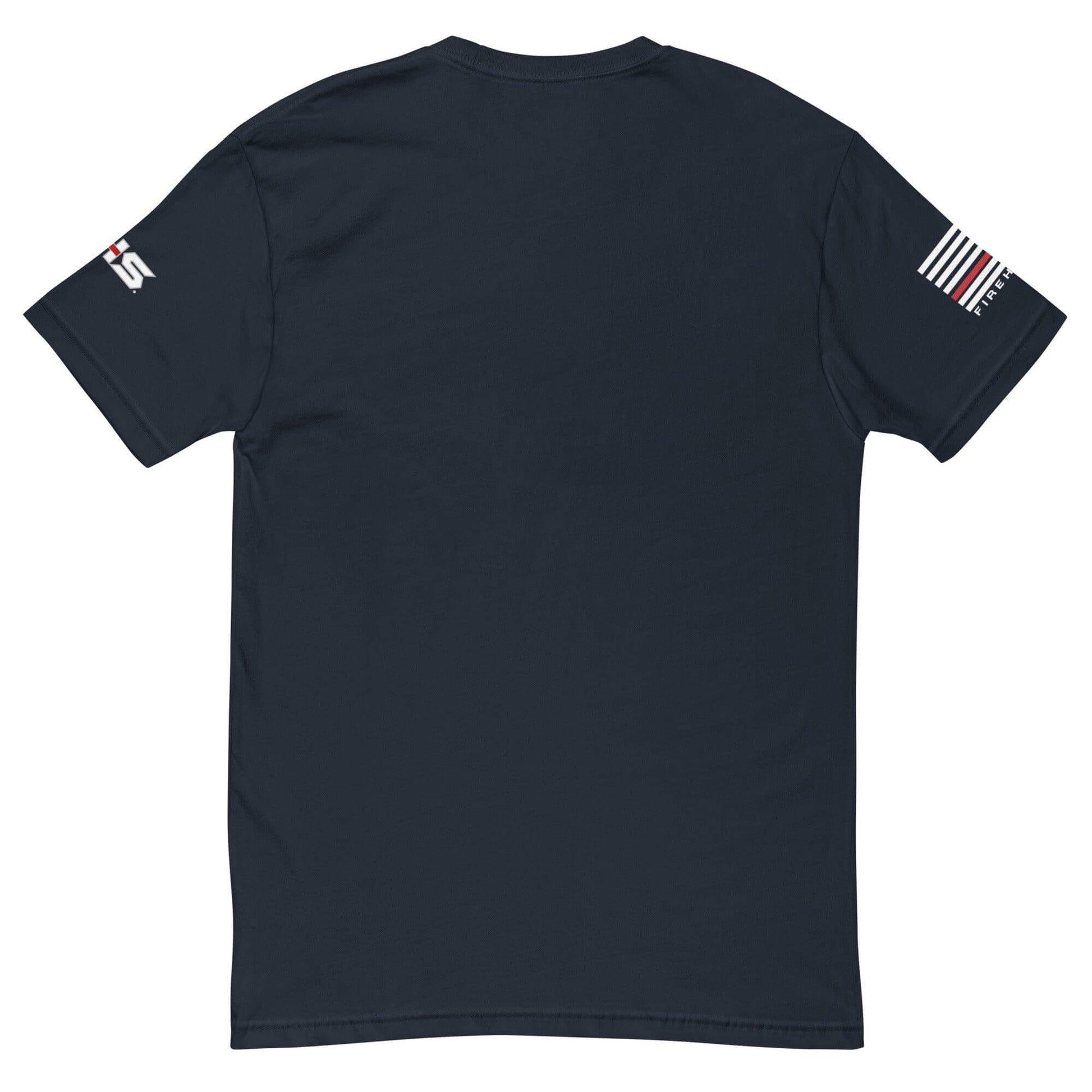 Back view of a lightweight firefighter short sleeve t-shirt with flag details, perfect for firehouse apparel and gifts.