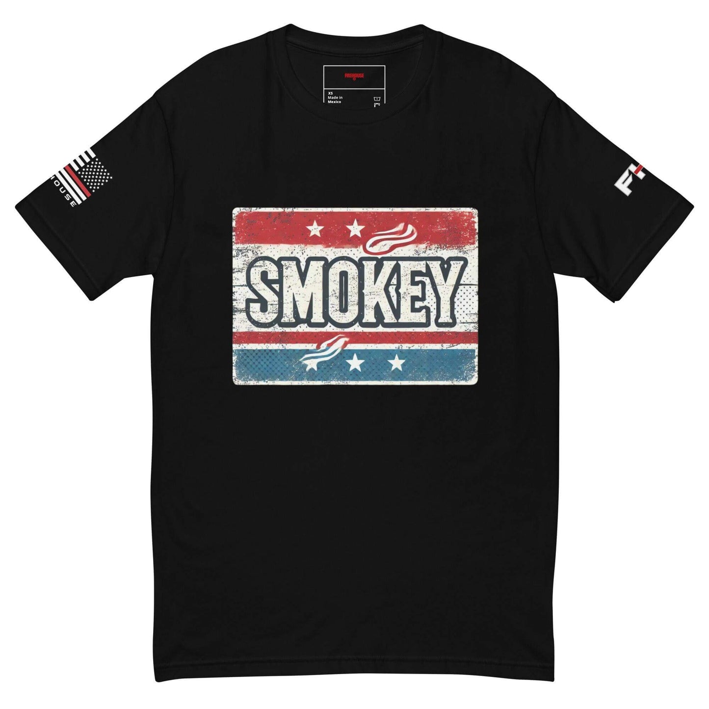 Black short sleeve t-shirt featuring "SMOKEY" graphic, perfect for firefighter apparel and gifts.