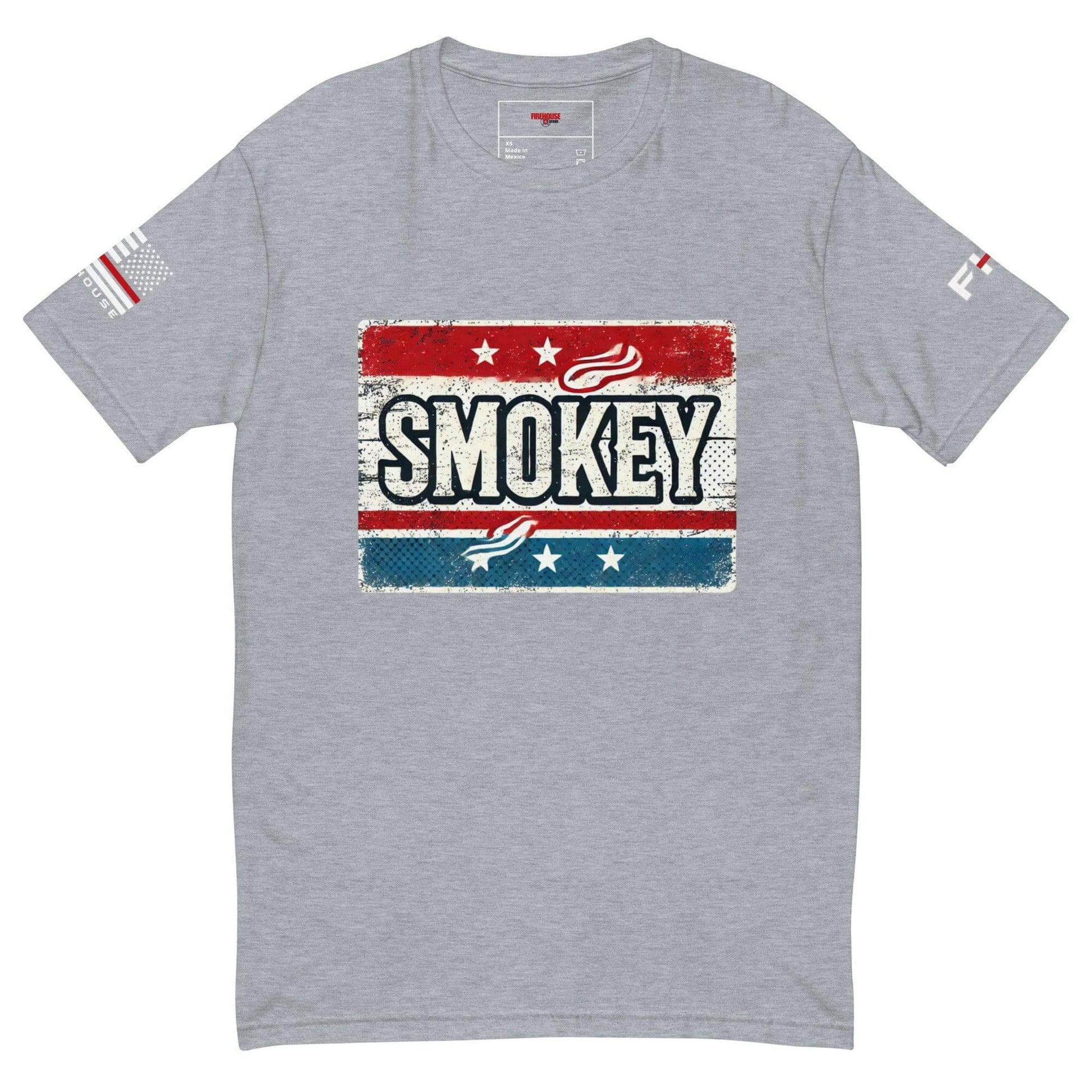 Smokey graphic short sleeve t-shirt in heather grey, perfect for firefighter apparel and gifts.