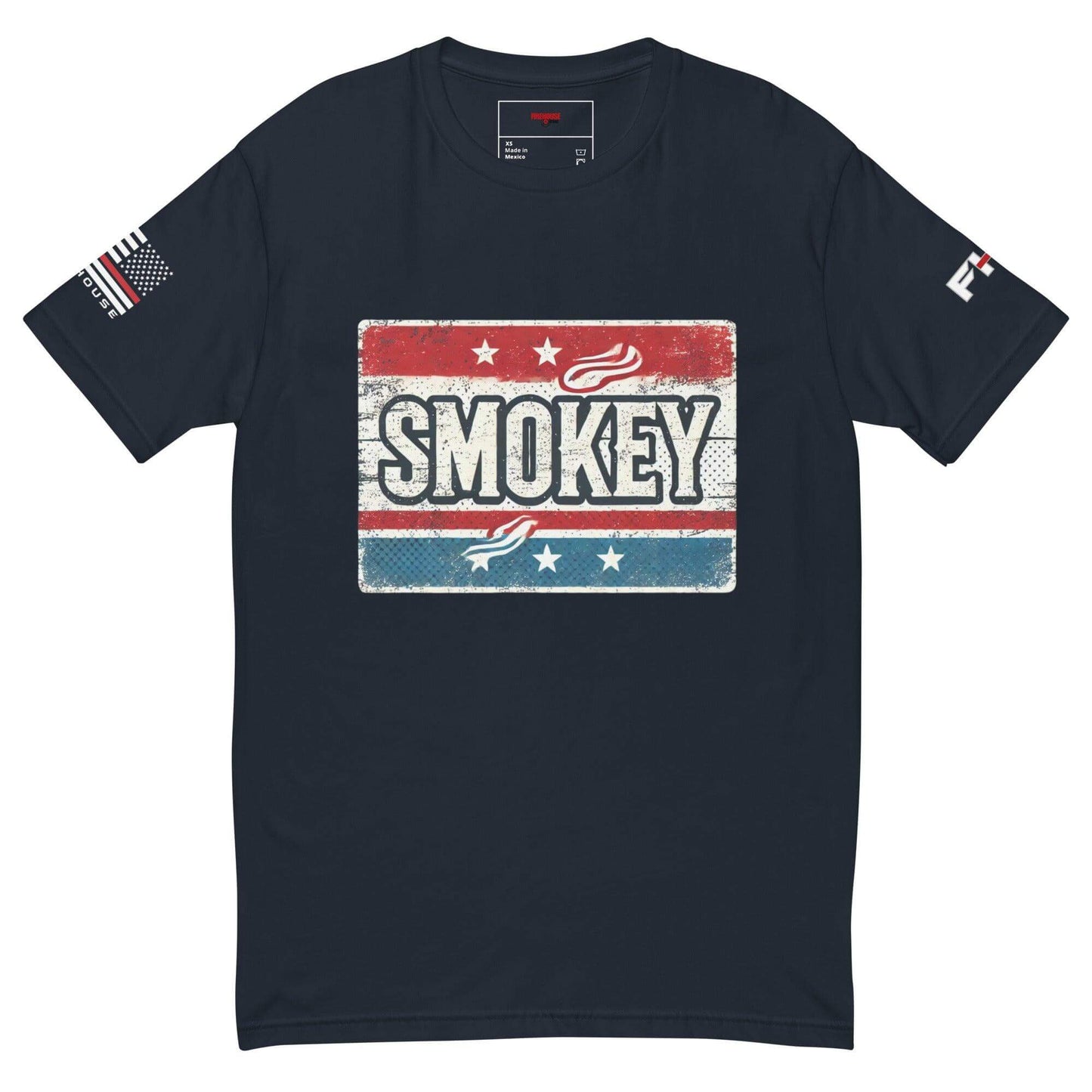 Comfortable navy blue t-shirt featuring a vintage-style "SMOKEY" graphic and American flag, perfect for firefighter gear.