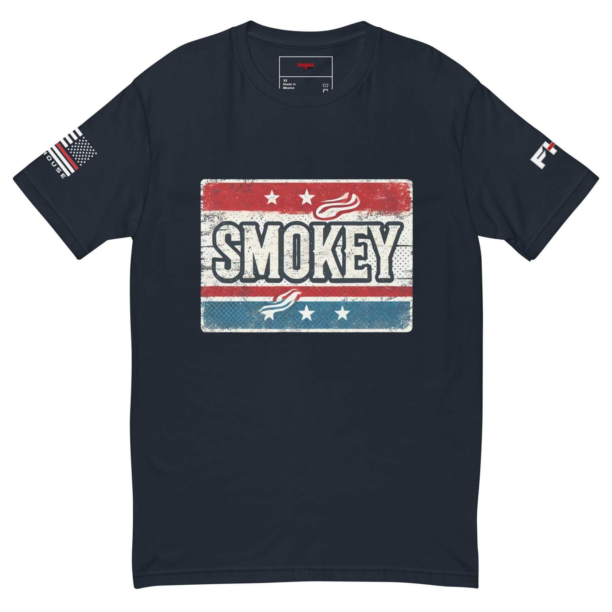 Comfortable navy blue t-shirt featuring a vintage-style "SMOKEY" graphic and American flag, perfect for firefighter gear.