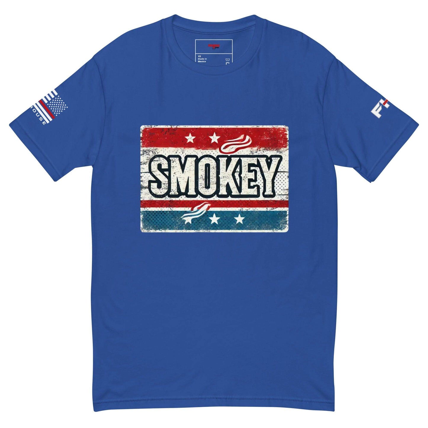 Blue t-shirt featuring a "Smokey" graphic with a vintage design, ideal for firefighter apparel and gifts.