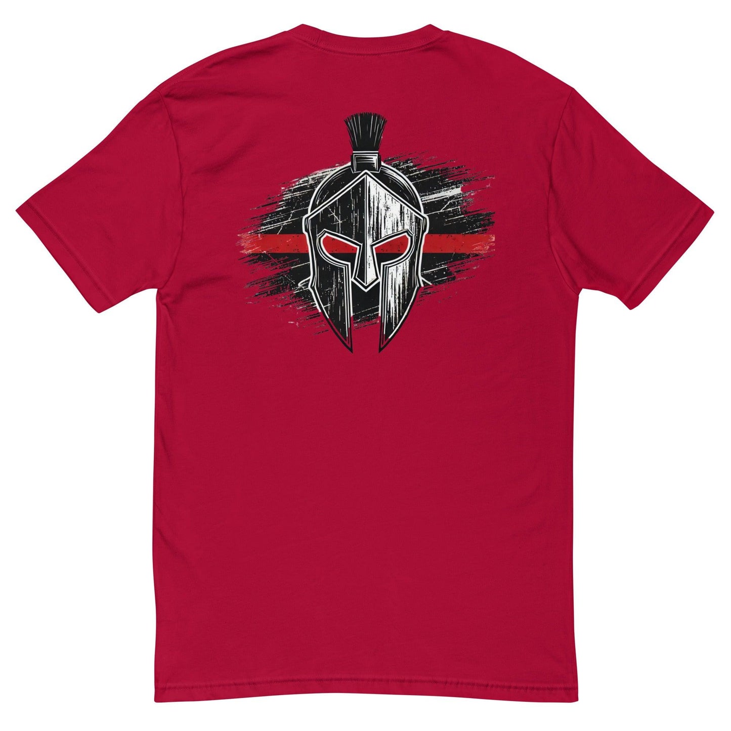 Red t-shirt featuring a bold graphic of a Spartan helmet on the back, perfect for warrior-themed apparel and gifts.