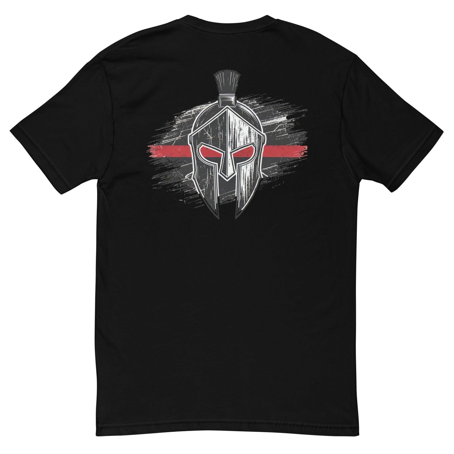 Black t-shirt featuring a graphic of a Spartan helmet with red accents, ideal for casual wear or as a gift for warriors.