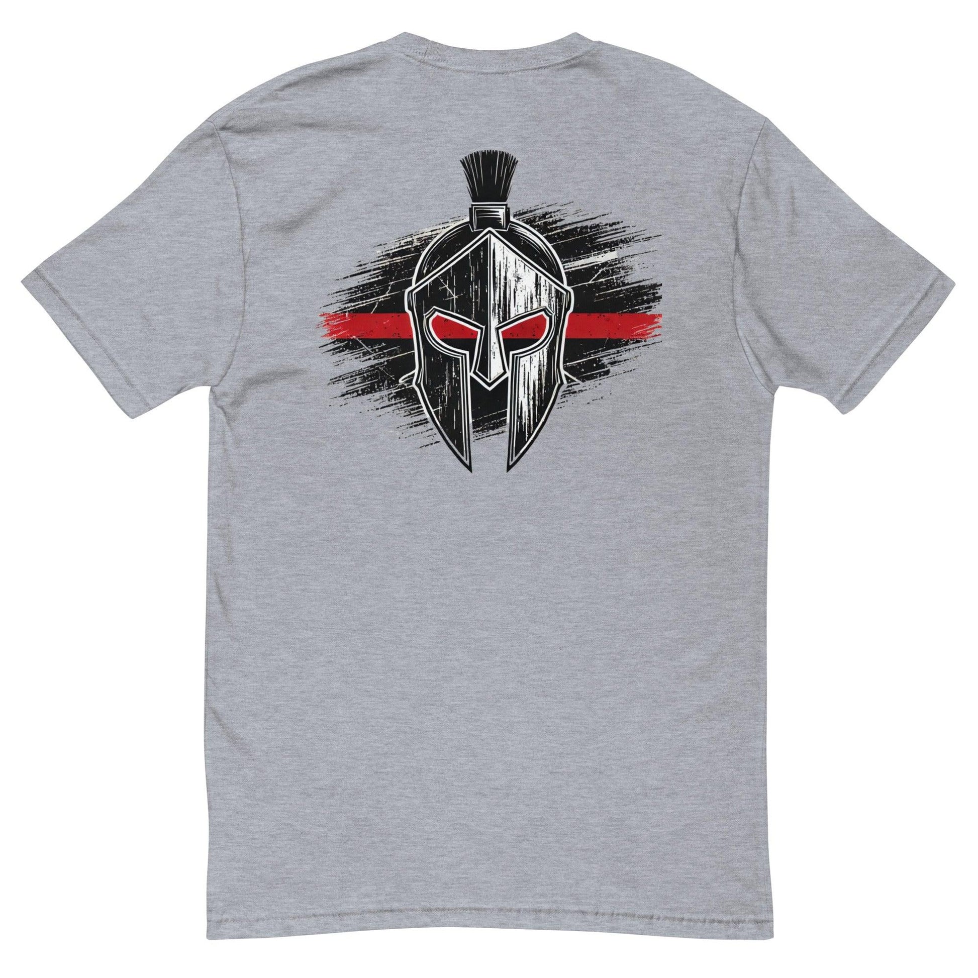 Short sleeve grey t-shirt featuring a bold Spartan helmet graphic on the back with red accents. Ideal for casual wear.