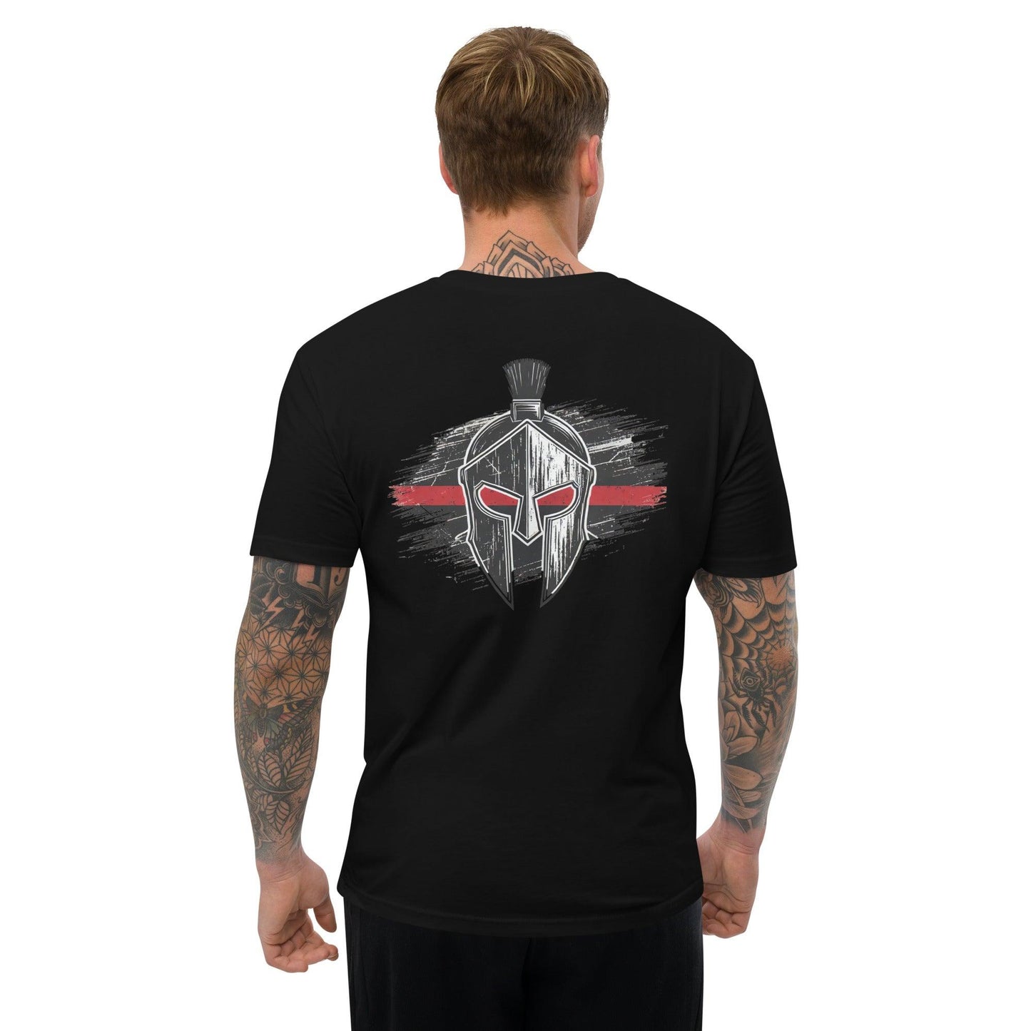 Black short sleeve t-shirt featuring a bold spartan helmet design on the back, ideal for stylish casual wear.