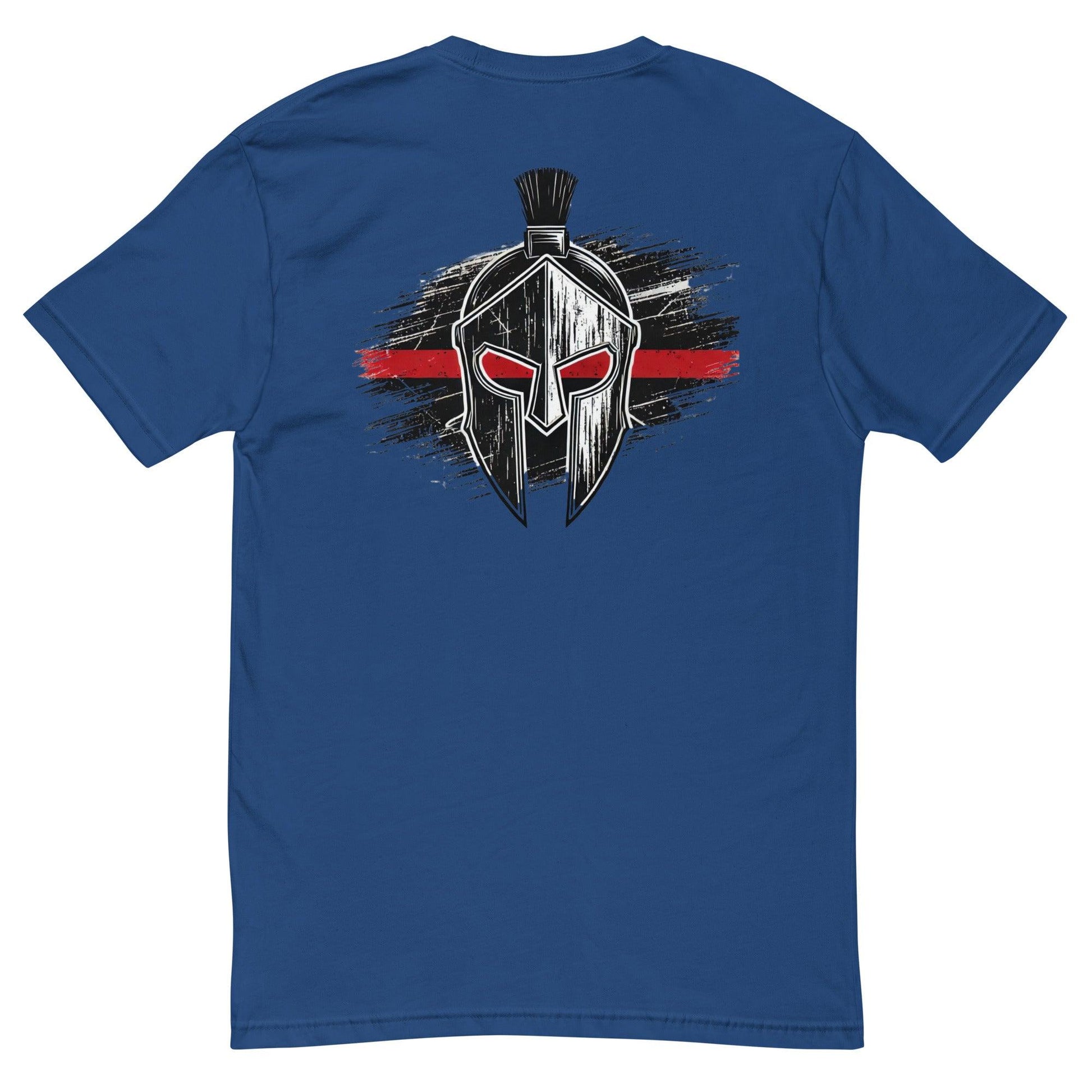 Back view of a blue t-shirt featuring a silver and red Spartan helmet graphic, ideal for firefighter apparel.