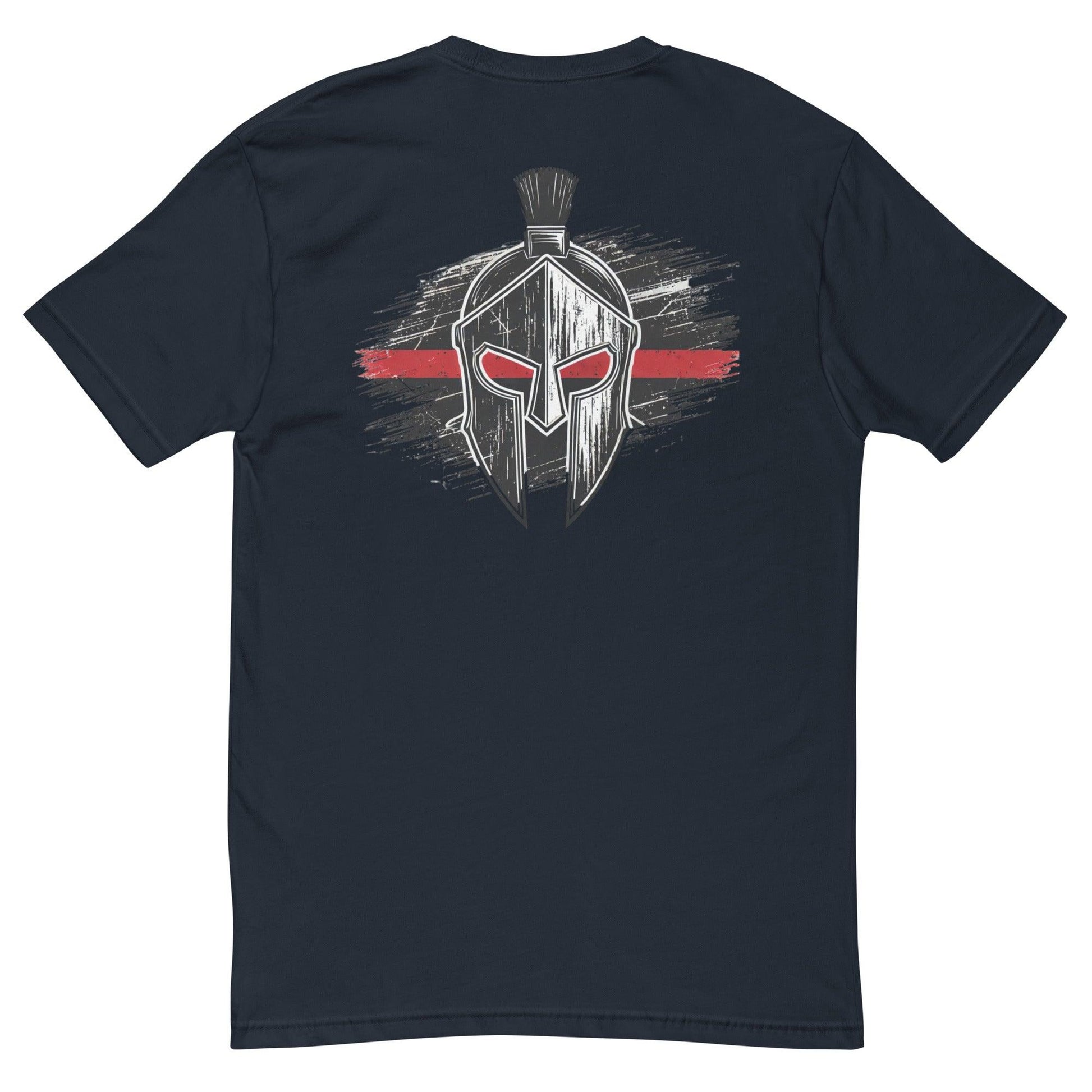 T-shirt featuring a bold spartan helmet design on black fabric, ideal for casual wear and warrior-themed apparel.