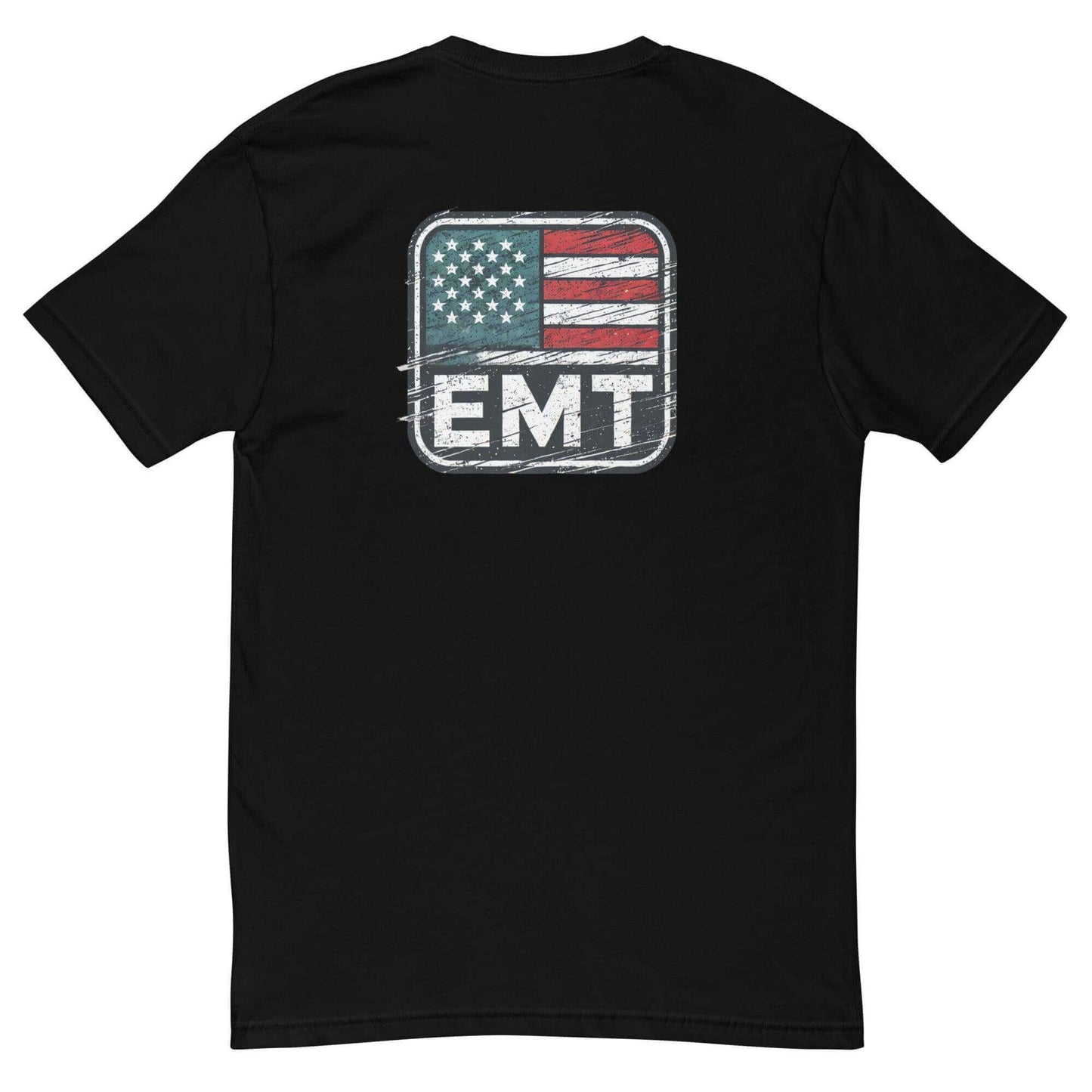 Black t-shirt with a distressed EMT logo and American flag design on the back, perfect for emergency medical services apparel.