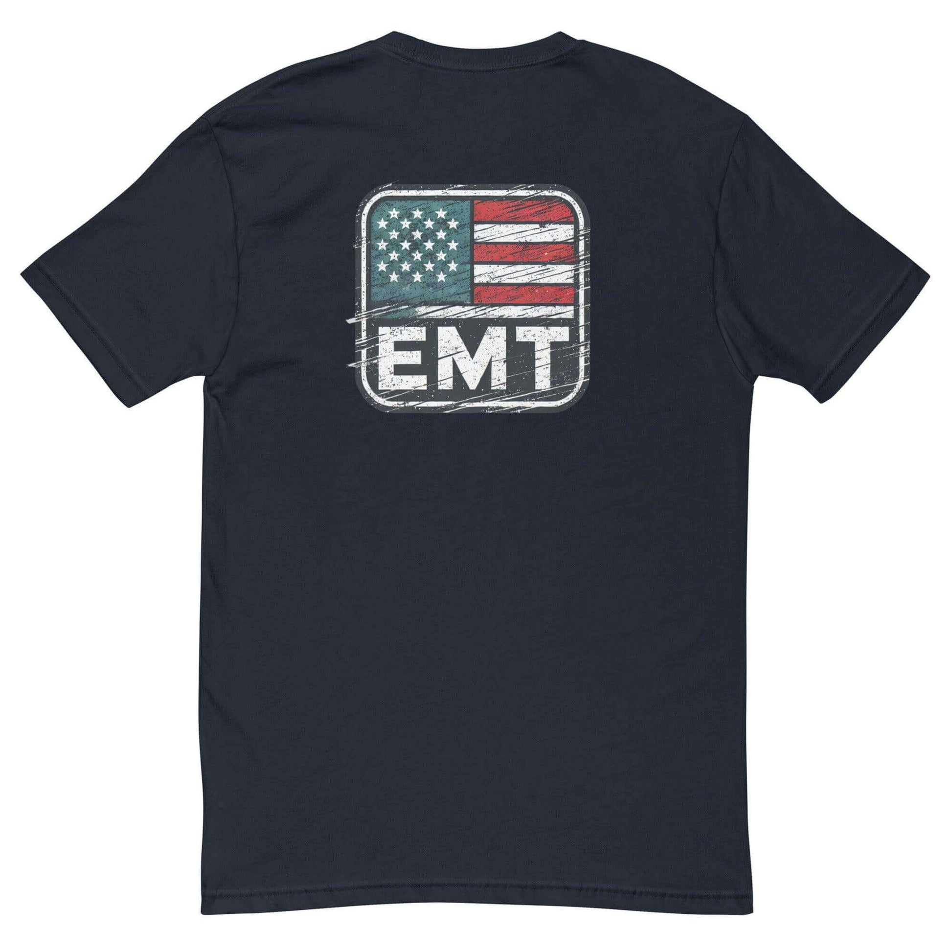 Black short sleeve t-shirt featuring a distressed American flag and "EMT" graphic on the back, perfect for emergency responders.