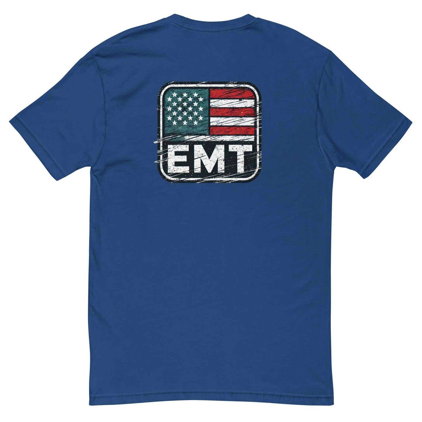 Blue t-shirt featuring a distressed EMT badge with an American flag design on the back, perfect for emergency responders.