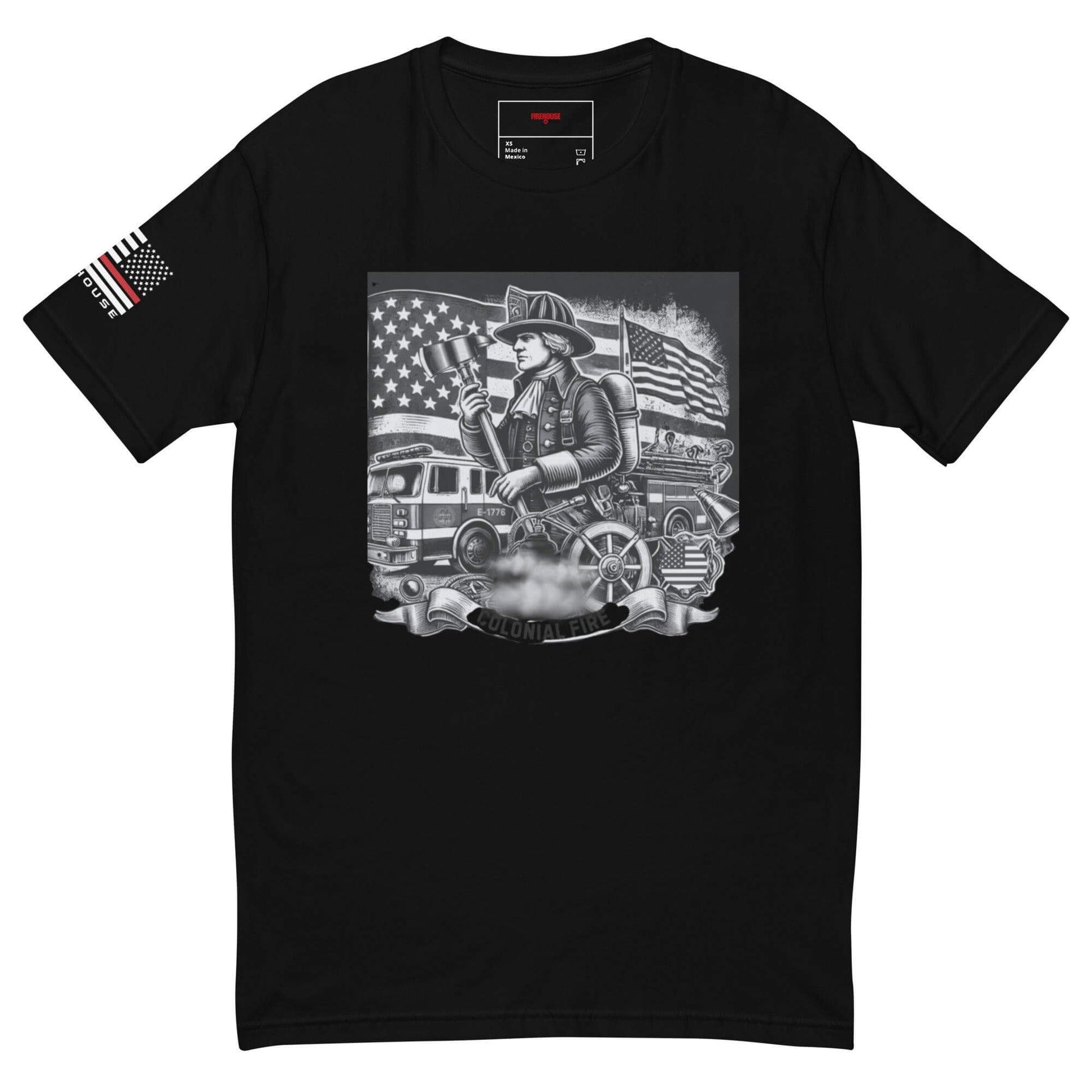 Short sleeve black t-shirt featuring a firefighter graphic with American flags, perfect for firefighter gear and gifts.