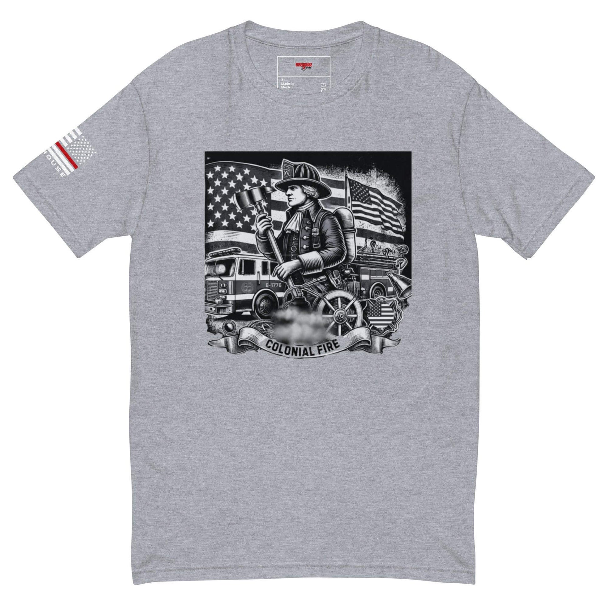 Short sleeve heather grey firefighter t-shirt featuring Colonial Fire graphic and American flags. Ideal firefighter gift.