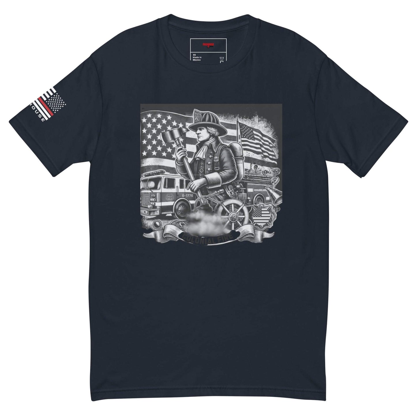 Short sleeve firefighter t-shirt featuring a bold graphic and American flags, perfect for firefighter apparel and gifts.