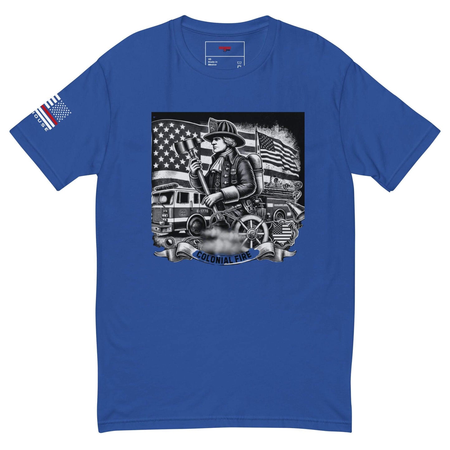 Blue short sleeve t-shirt featuring firefighter graphic, American flags, and Colonial Fire design, ideal for firefighter apparel.