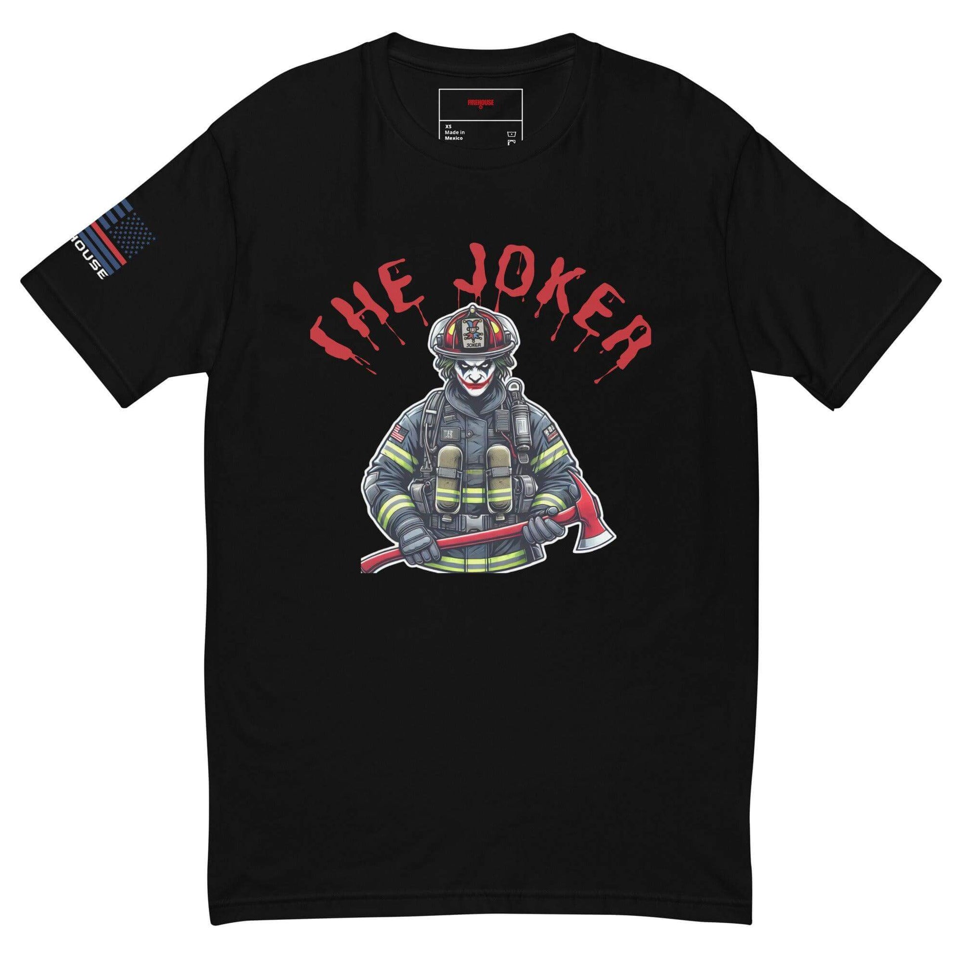 Black short sleeve t-shirt featuring a firefighter design inspired by the Joker, ideal for firefighter gifts and apparel.