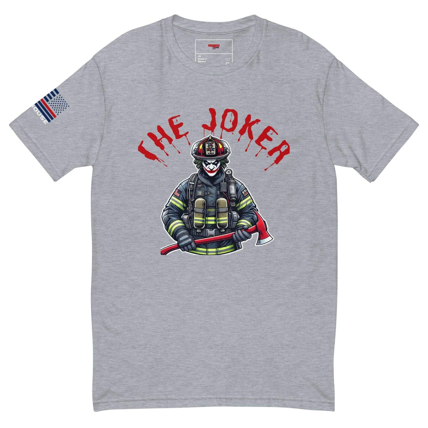 Short sleeve gray t-shirt featuring a firefighter with a Joker graphic and American flag patch on the sleeve.