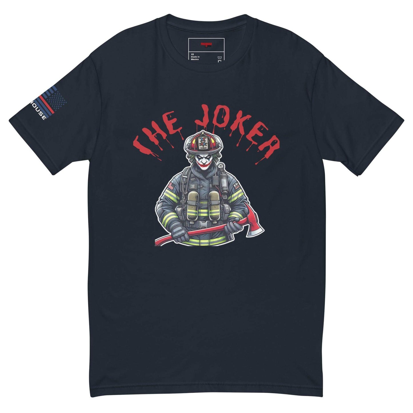 Black short sleeve t-shirt featuring a graphic of a firefighter joker with axe and fire gear, ideal for firefighter gifts.