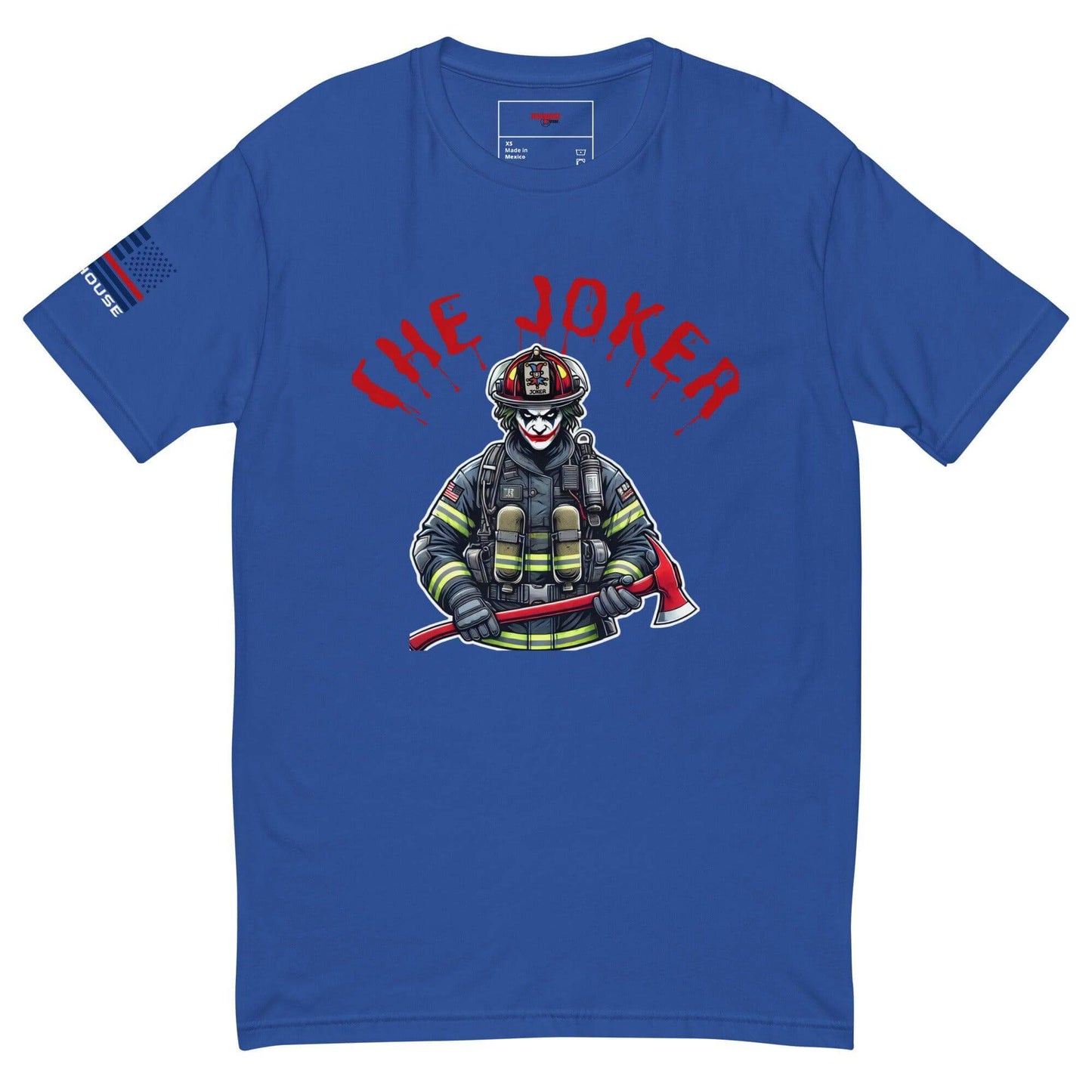 Blue t-shirt featuring a playful firefighter joker graphic, ideal for firefighter gifts and apparel.