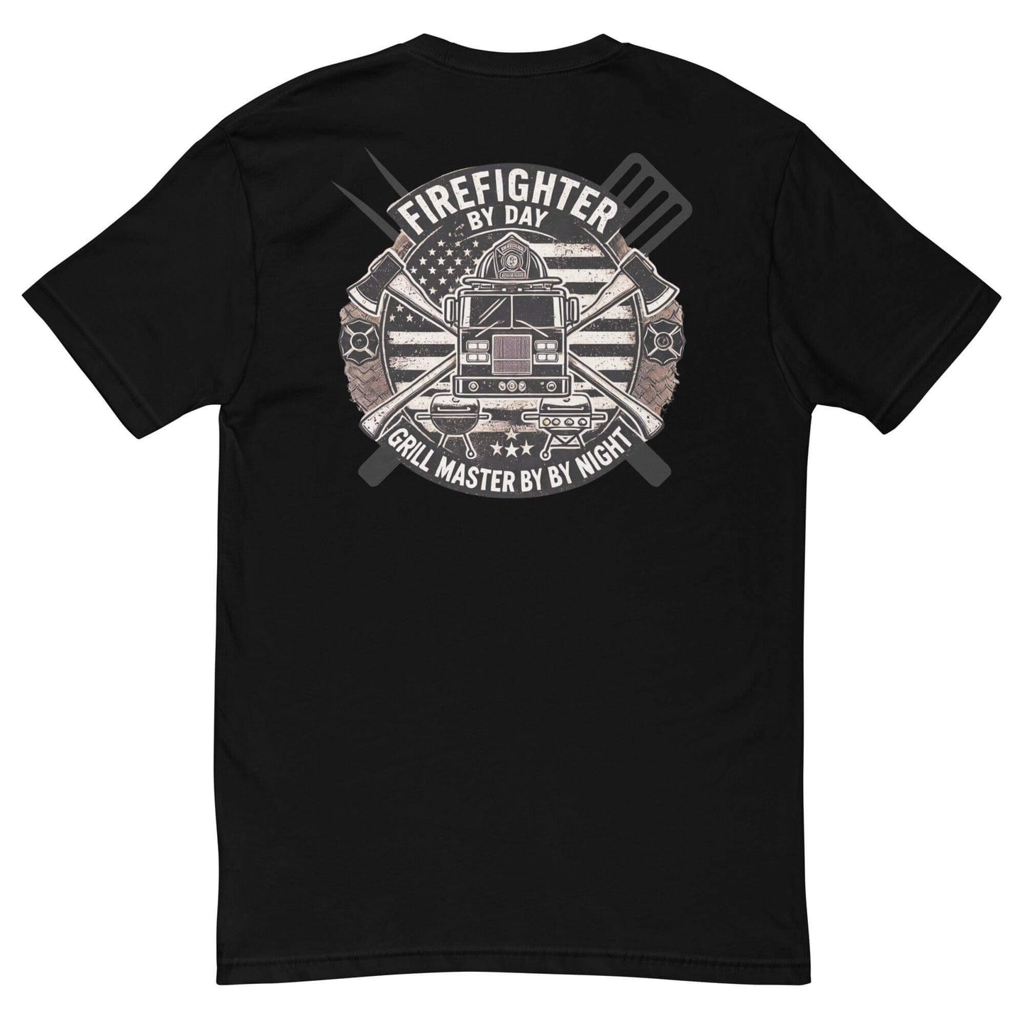 Black short sleeve t-shirt featuring firefighter graphic "Firefighter by Day, Grill Master by Night" with grilling utensils.