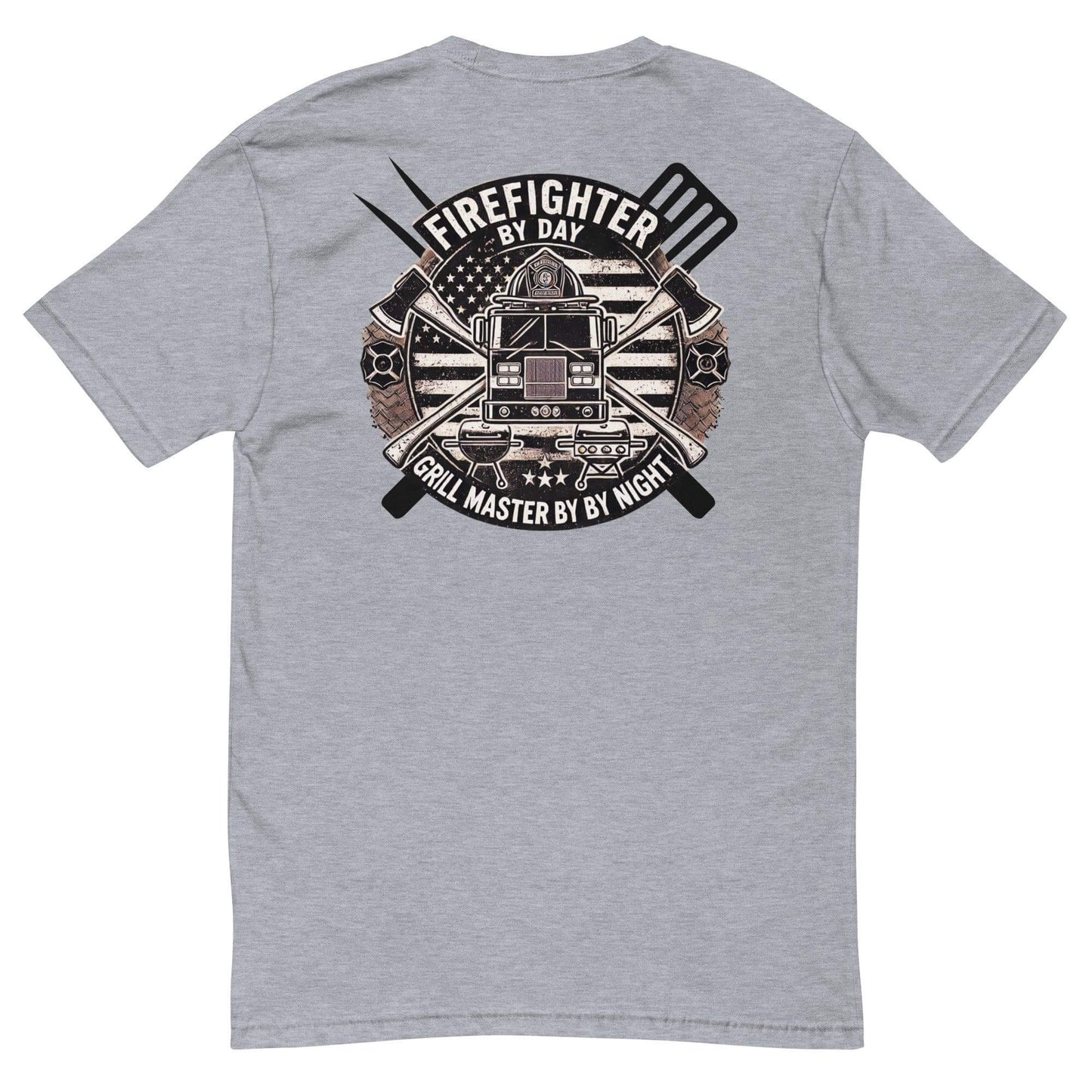 Firefighter t-shirt featuring "Firefighter by Day, Grill Master by Night" design, perfect firefighter gift and apparel.