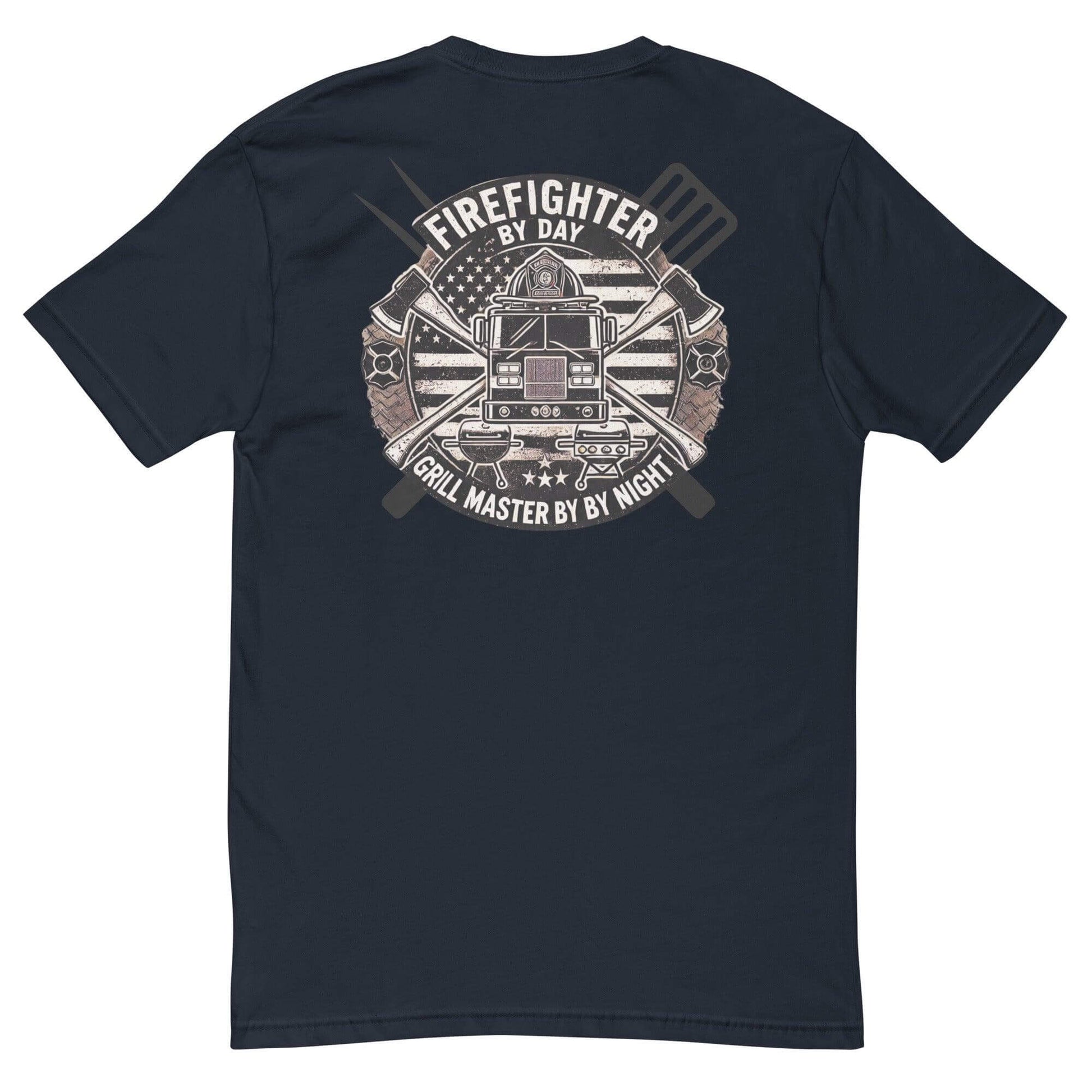 Firefighter-themed t-shirt featuring "Firefighter by Day, Grill Master by Night" design with grill tools and firetruck.