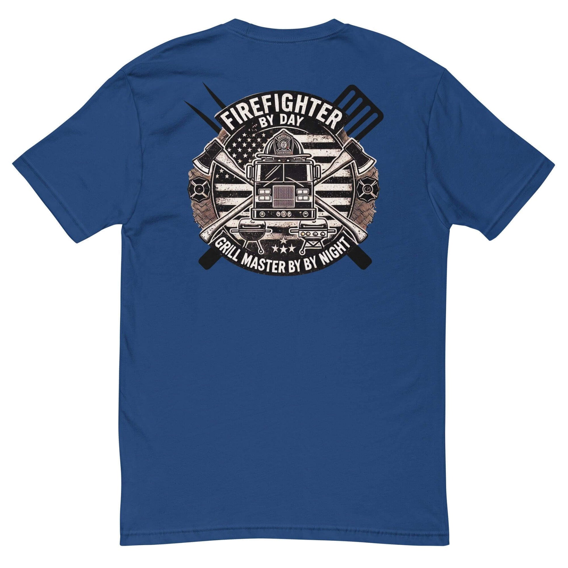 Blue firefighter t-shirt features "Firefighter by Day, Grill Master by Night" graphic, perfect gift for firehouse crew.