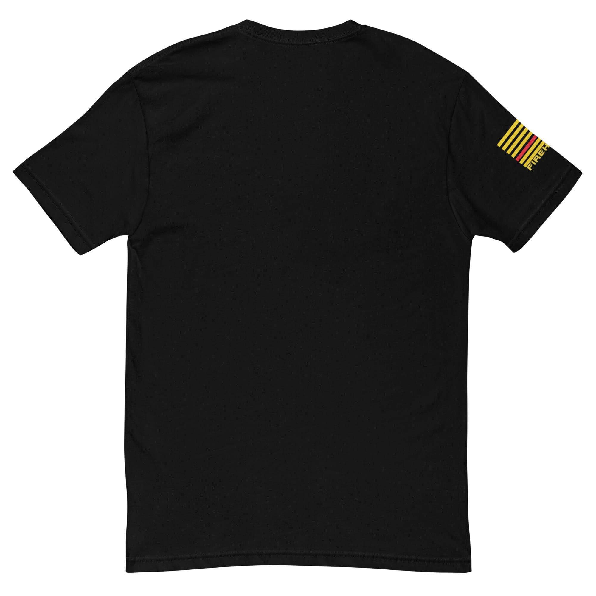 Back view of a black short sleeve t-shirt featuring firefighter flag design, perfect for firefighter gifts and apparel.