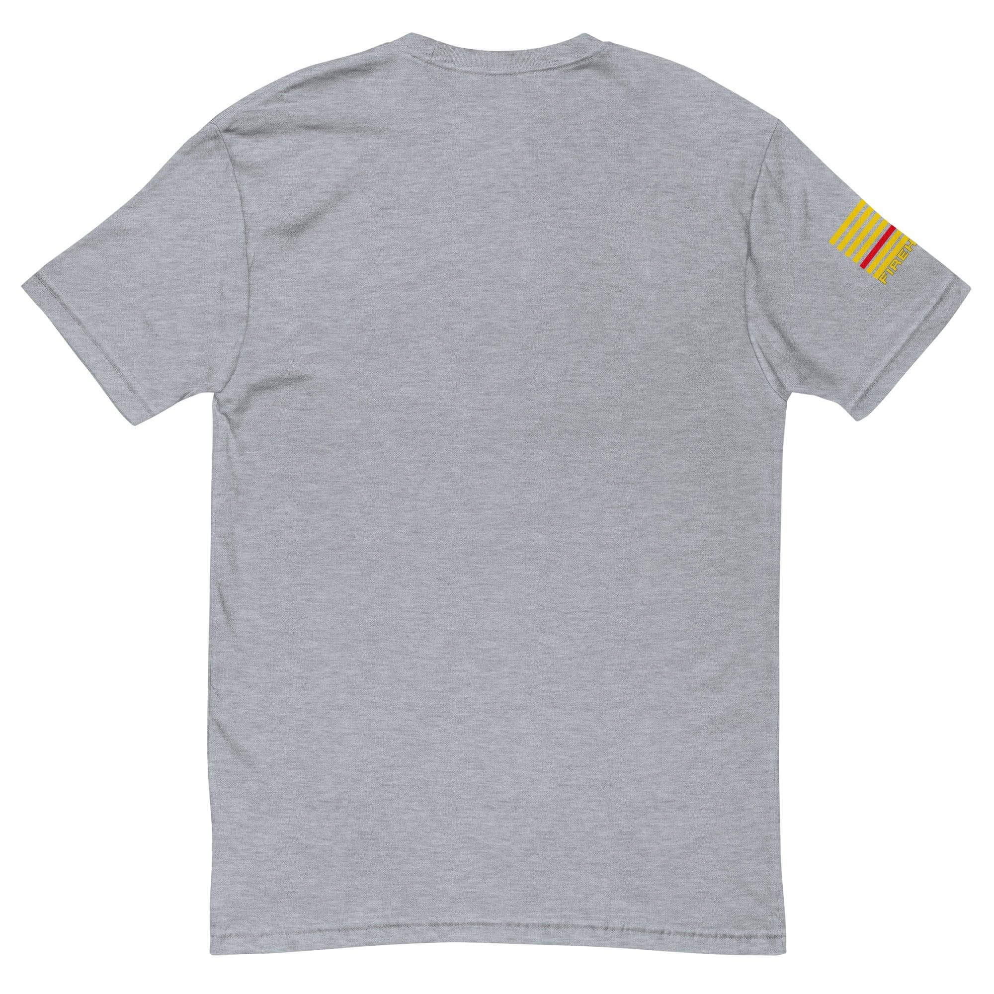 Back view of a heather grey short sleeve t-shirt featuring a firefighter emblem on the sleeve, perfect for firefighter gifts.