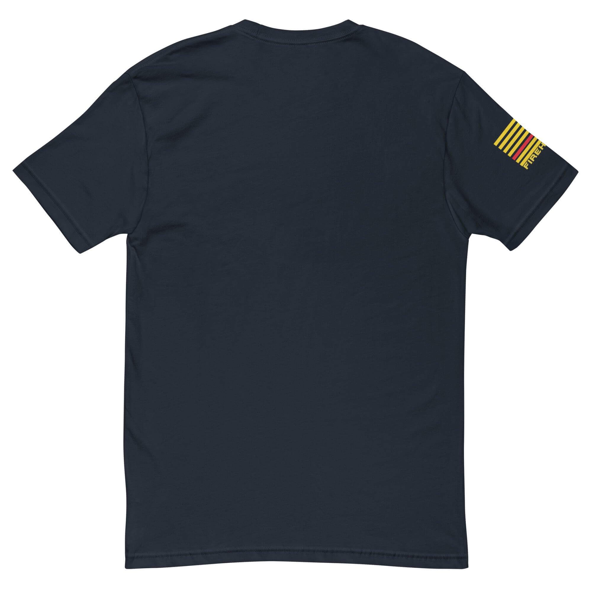 Back view of a firefighter-themed short sleeve t-shirt with flag design on sleeve, perfect for firefighter gifts and apparel.