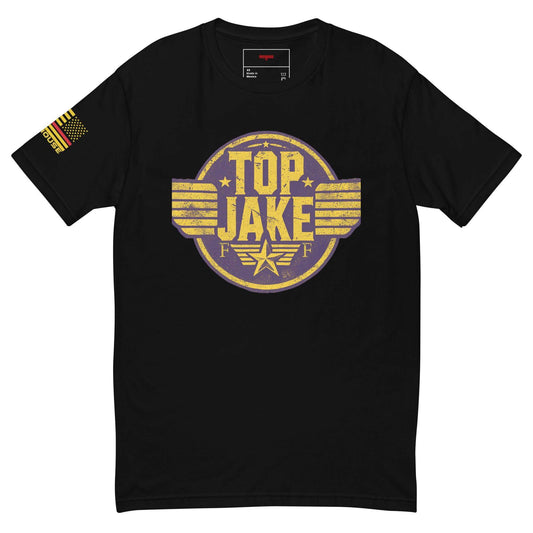 Black t-shirt featuring "TOP JAKE" graphic with wings, stars, and American flag sleeve detail, ideal for firefighter apparel.