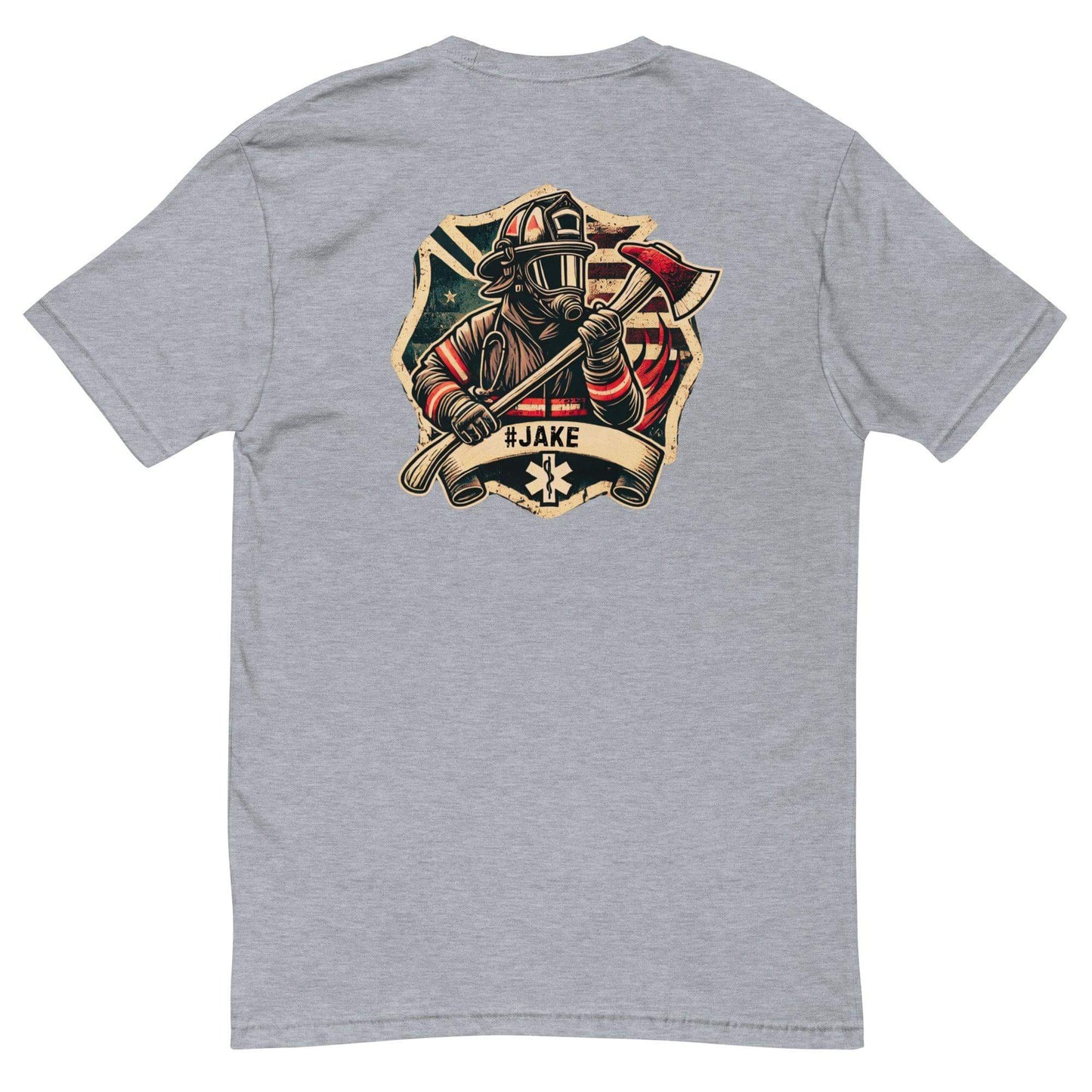 Back view of a grey short sleeve t-shirt featuring a firefighter graphic with an axe and the name "#Jake".