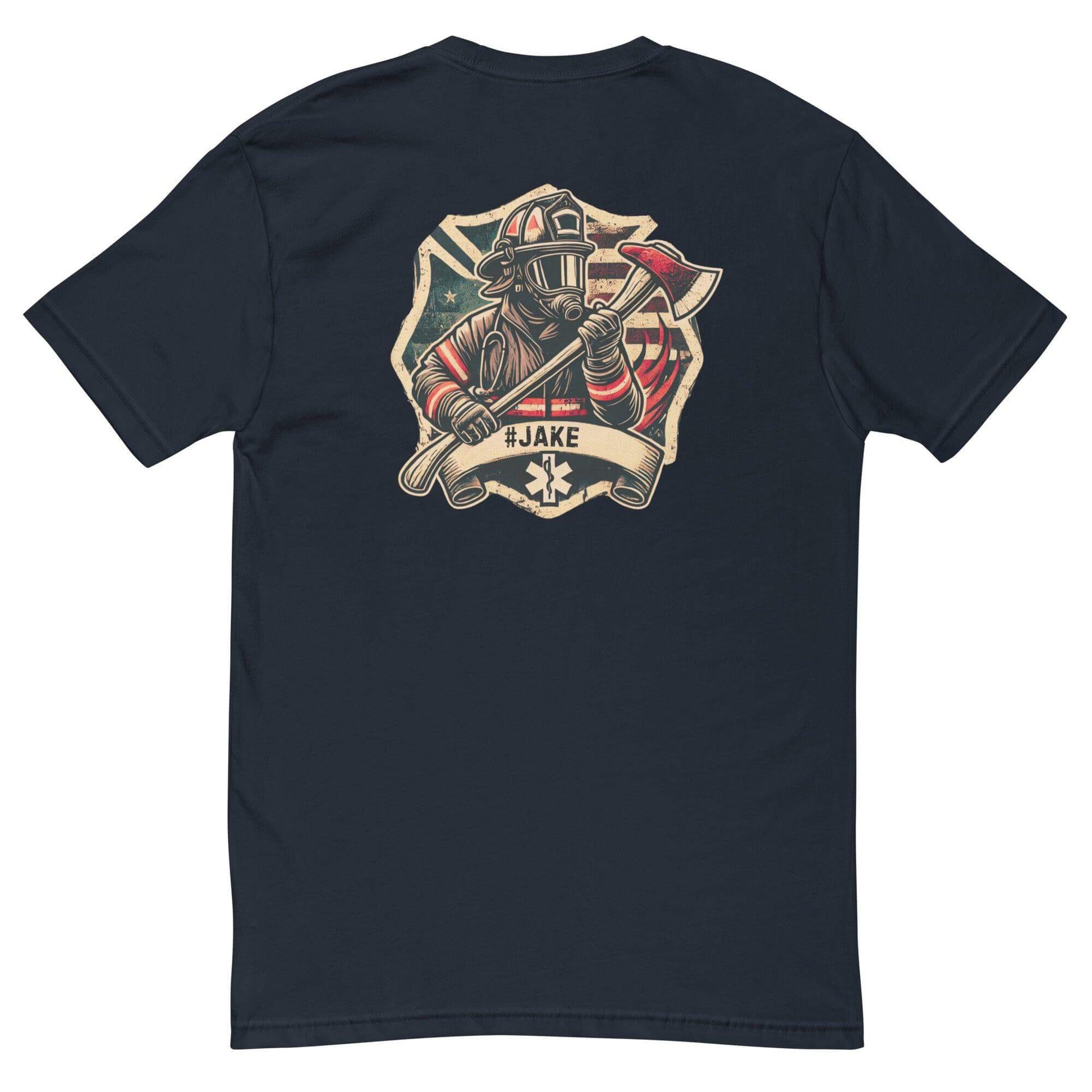 Short sleeve firefighter t-shirt featuring a vintage design with axe and #JAKE on the back, perfect for firefighter gifts.