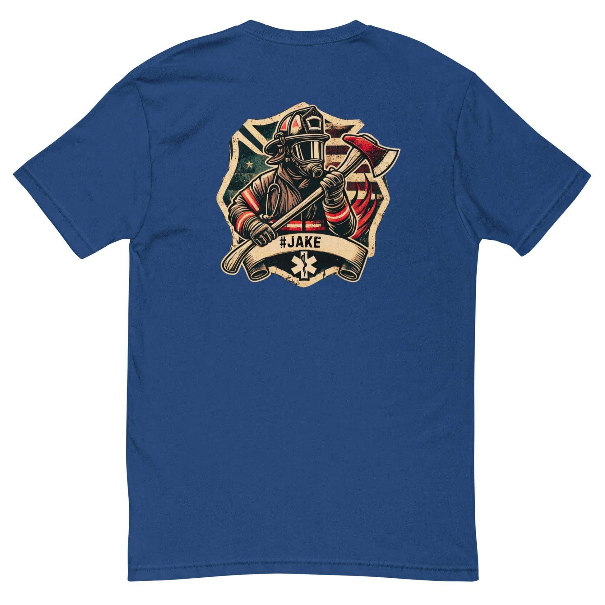 Short sleeve navy t-shirt with firefighter graphic and the name "Jake" on the back, perfect for firefighter gifts and apparel.