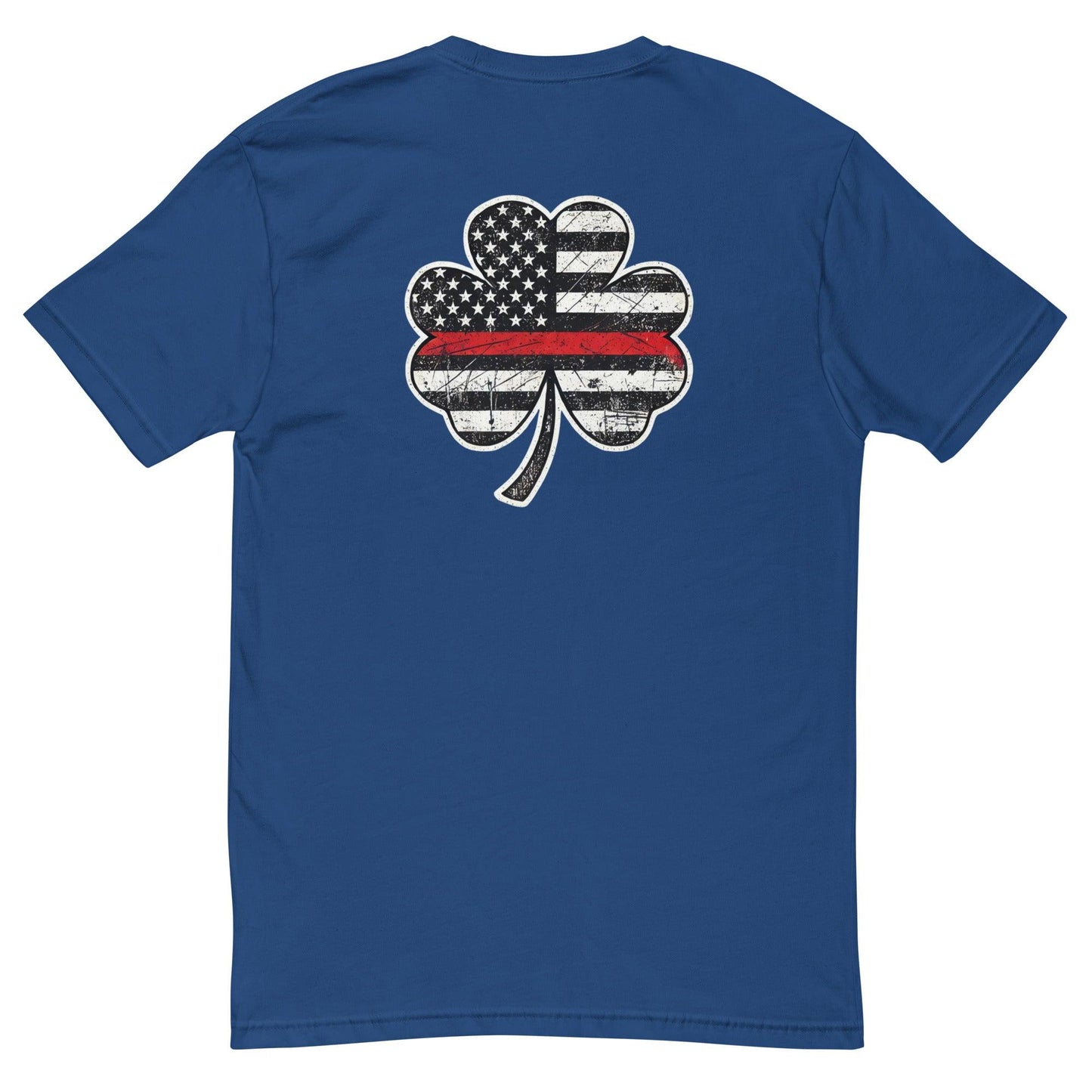 Blue t-shirt featuring a distressed American flag shamrock design, ideal for firefighter apparel and gifts.