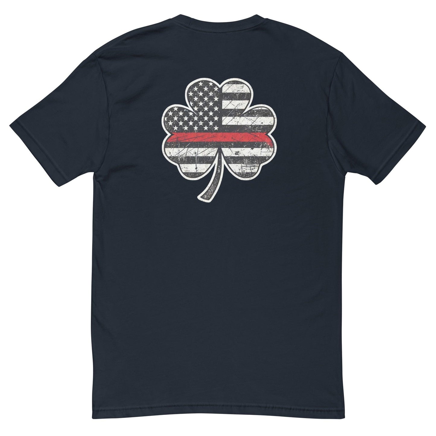 Short sleeve t-shirt featuring a distressed four-leaf clover design with American flag and thin red line on the back.