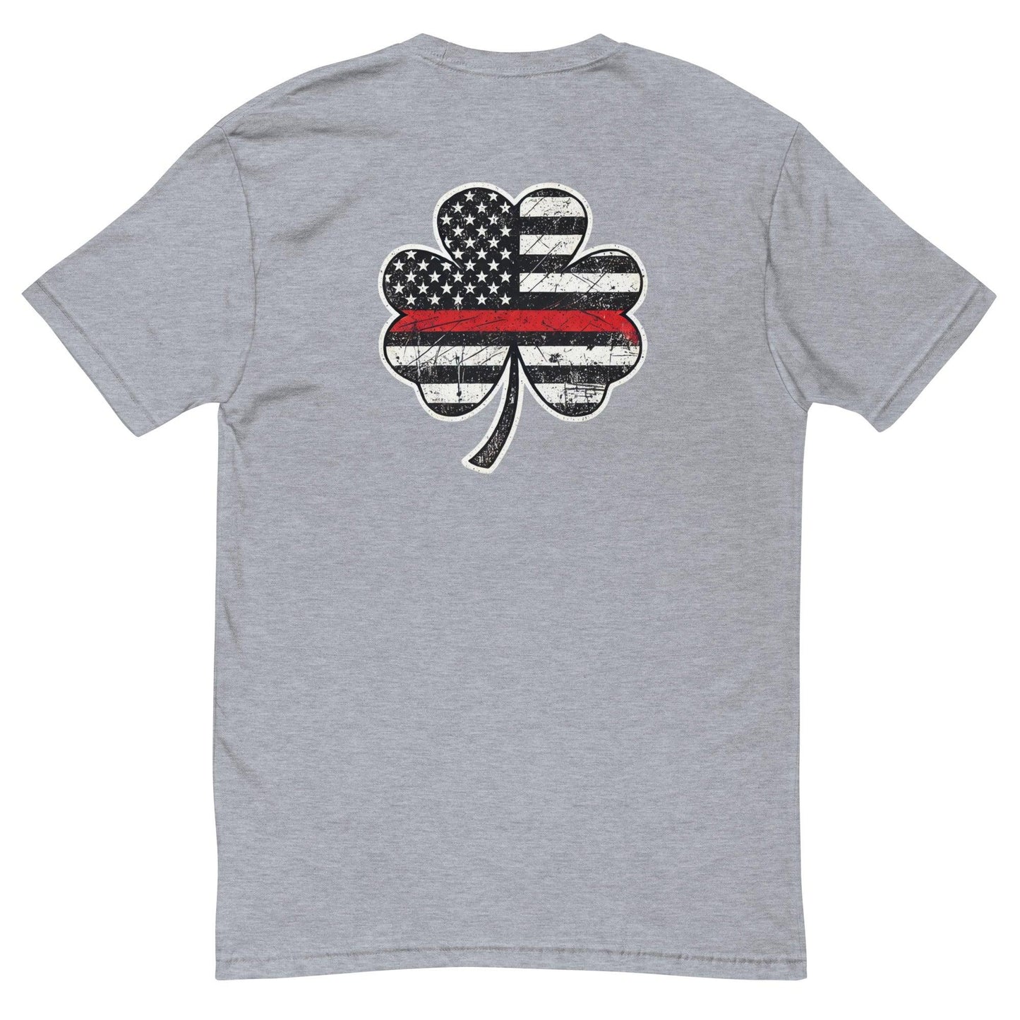 Grey short sleeve t-shirt with a distressed American flag shamrock design, symbolizing firefighter pride and support.