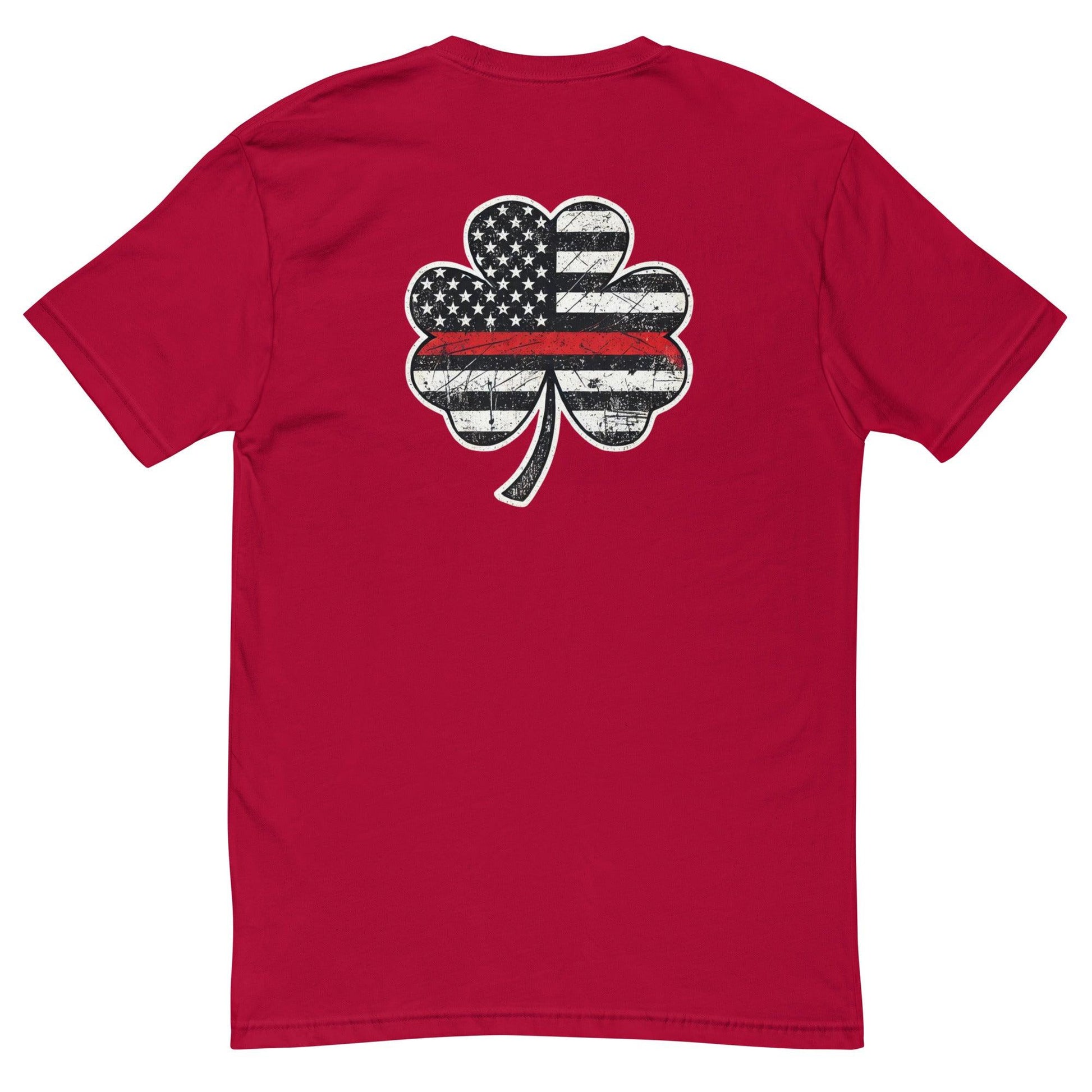 Red t-shirt featuring a distressed American flag shamrock graphic on the back, perfect for patriotic occasions.