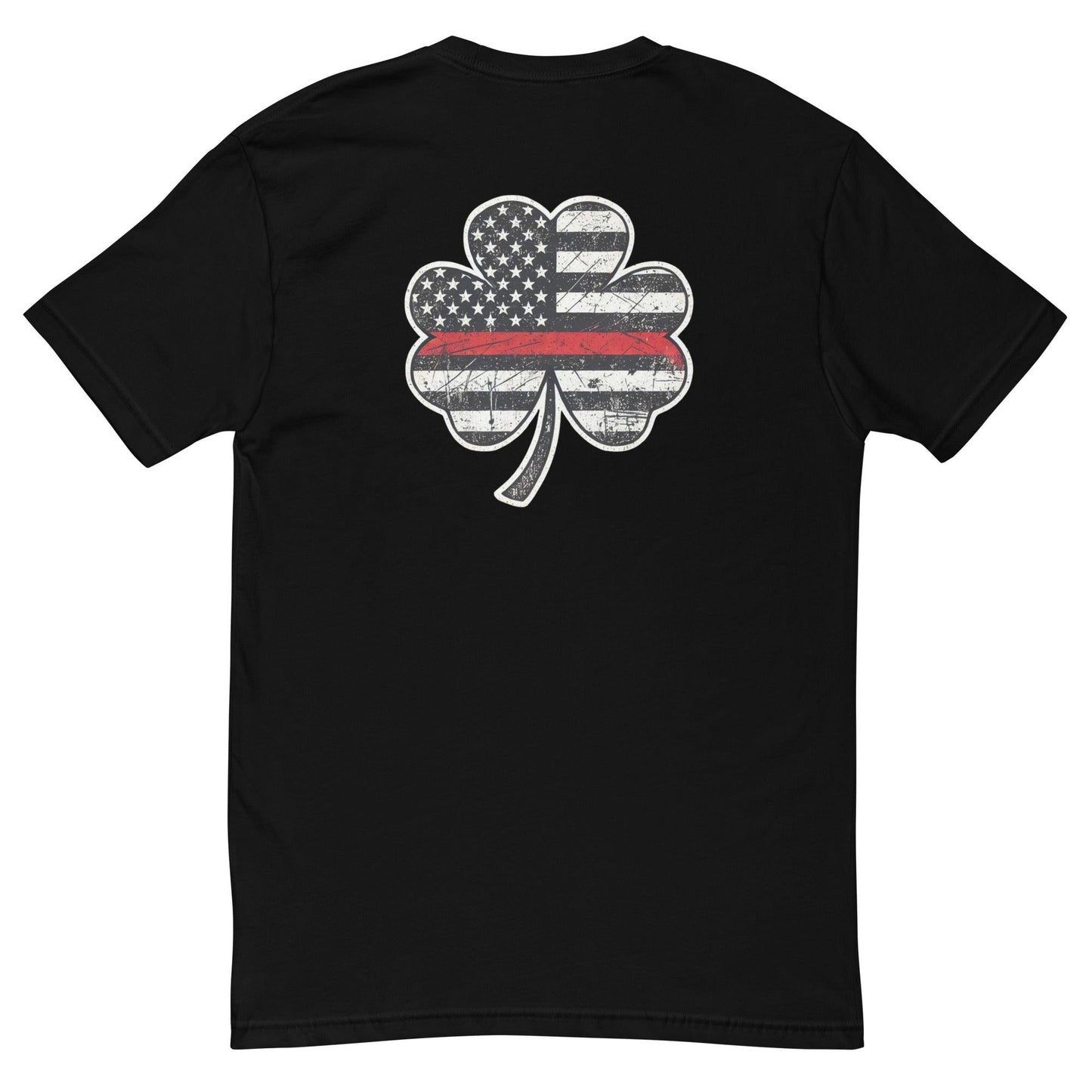 Black t-shirt featuring a distressed American flag shamrock design, perfect for firefighter apparel and gifts.