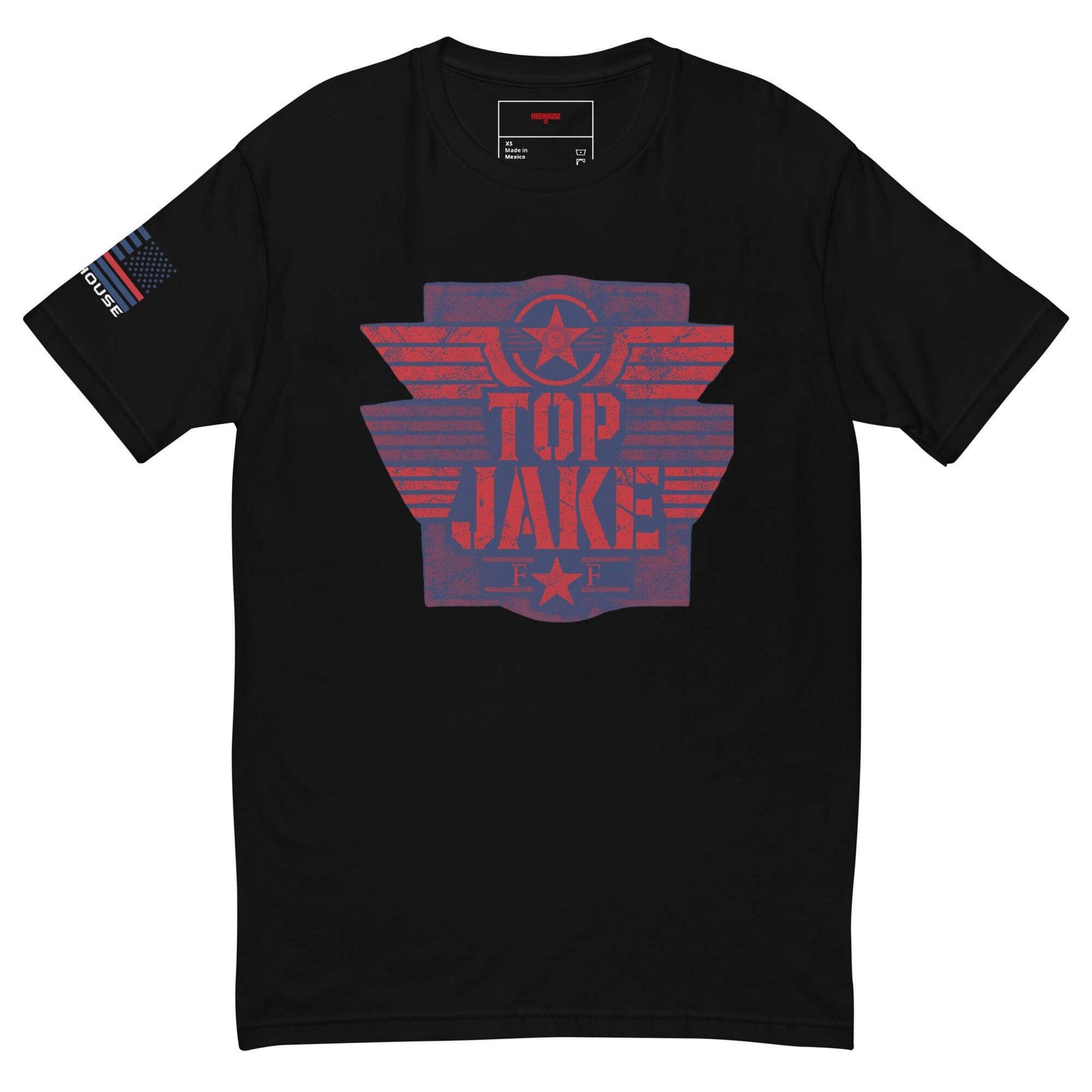 Black short sleeve t-shirt featuring a "TOP JAKE" graphic and American flag patch, ideal for firefighter apparel and gifts.