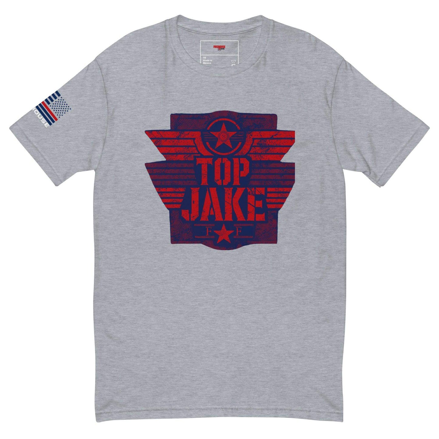 Short sleeve grey t-shirt featuring "TOP JAKE" graphic and American flag emblem on the sleeve, ideal for firefighter apparel.