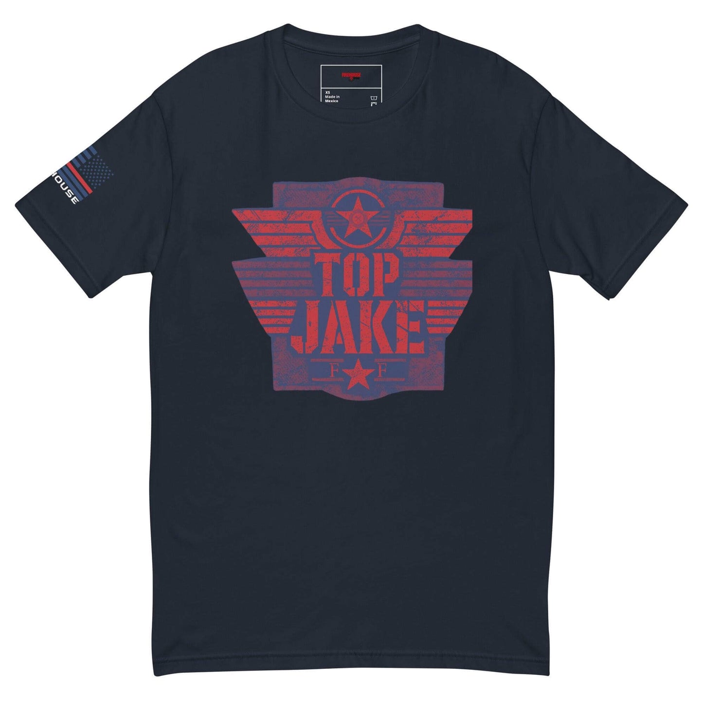 Short sleeve black t-shirt featuring "TOP JAKE" graphic and American flag design, perfect for firefighter apparel.