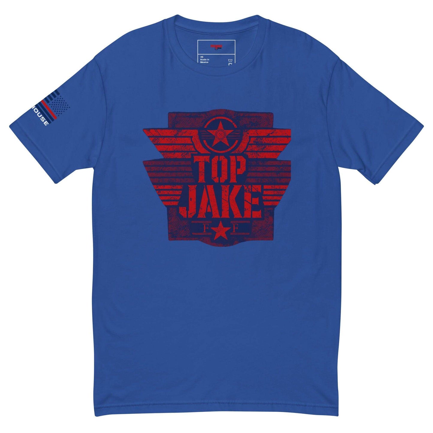 Blue short sleeve t-shirt featuring "TOP JAKE" graphic and American flag detail, perfect for firefighters and gear enthusiasts.