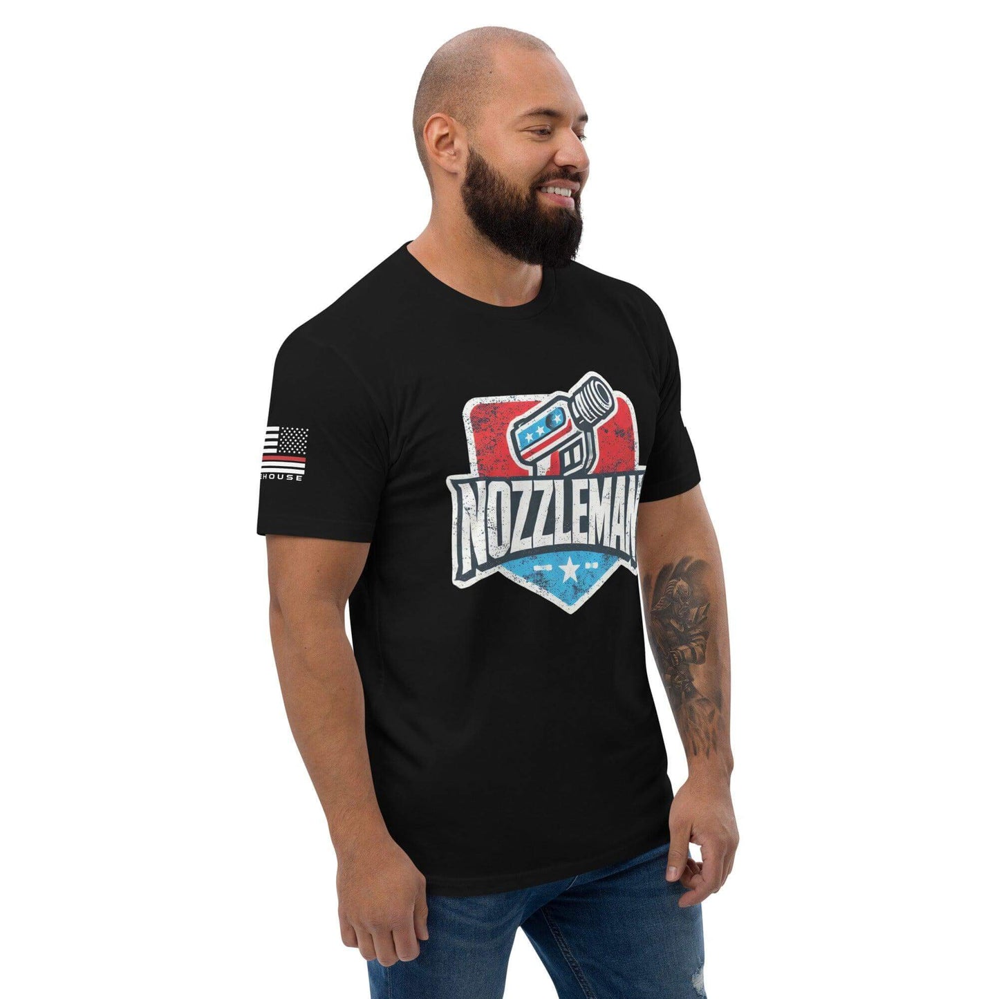 Black short sleeve t-shirt featuring "Nozzleman" graphic, ideal for firefighters and firehouse gifts. Comfortable fit and stylish design.