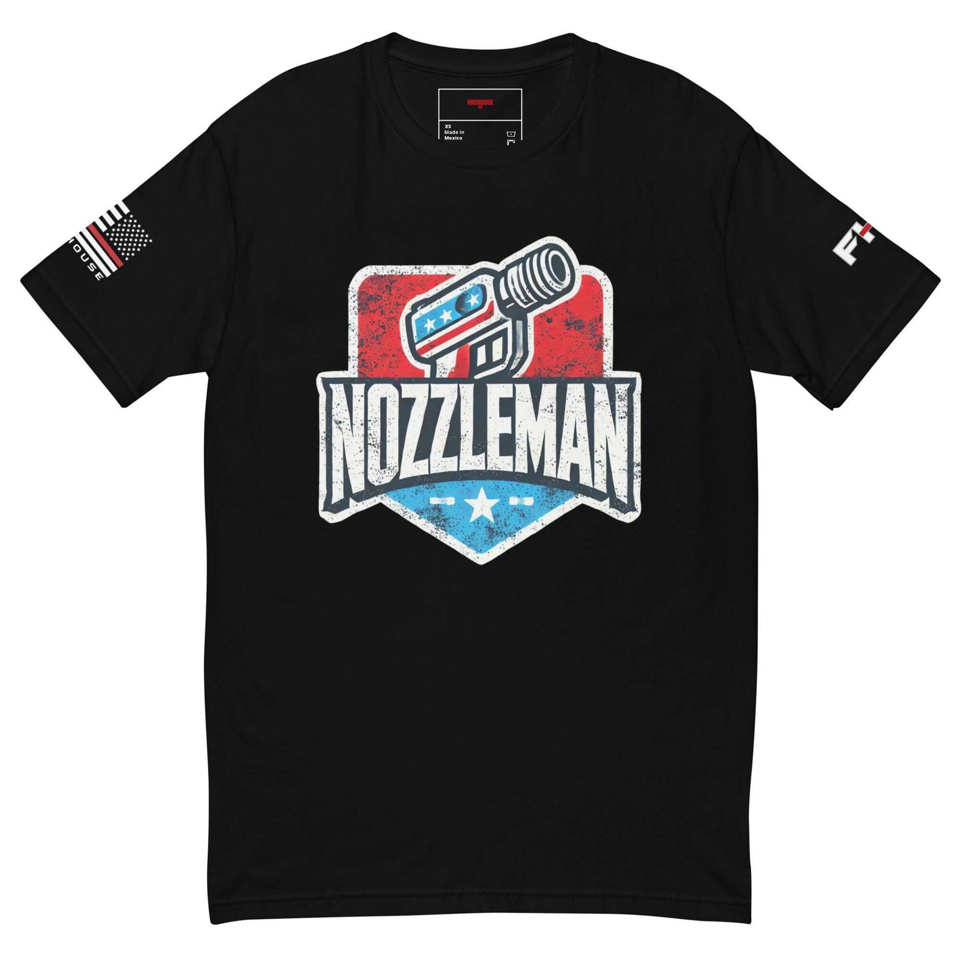 Black t-shirt featuring a "Nozzleman" graphic, perfect for firefighter apparel and gifts.