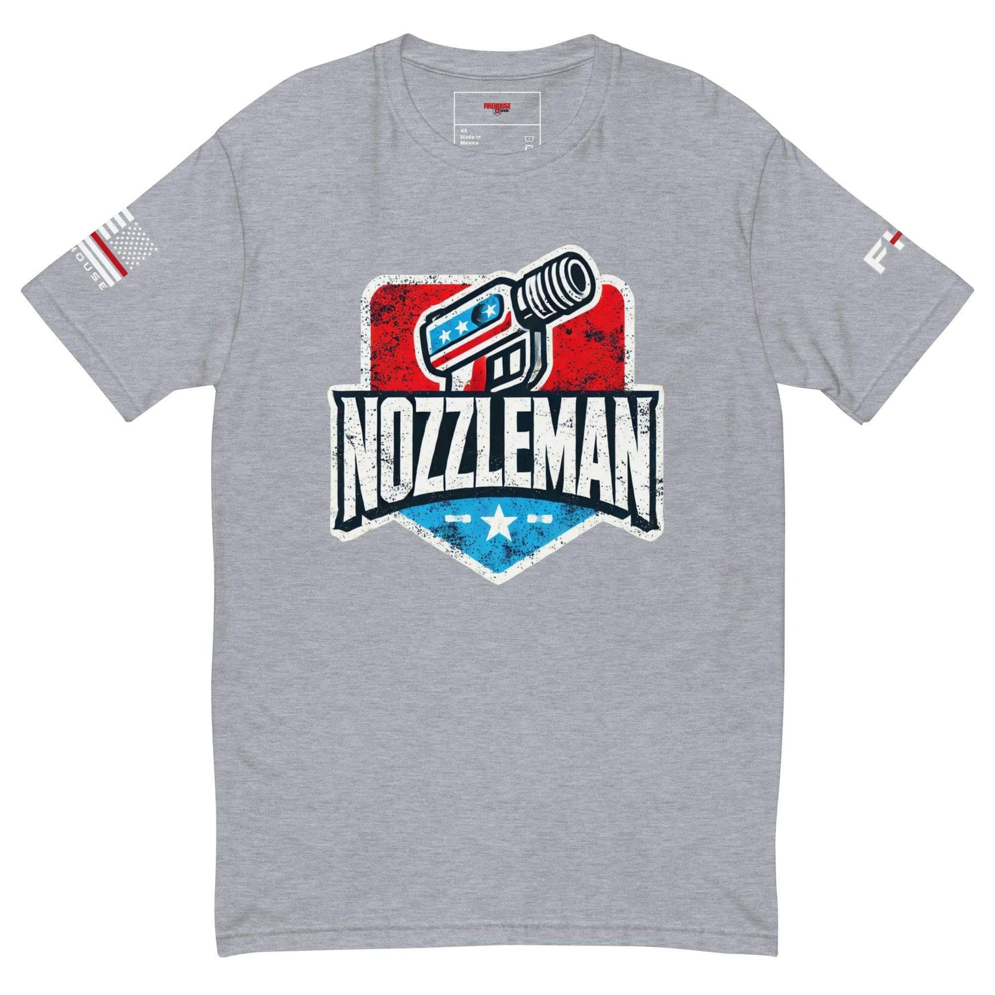 Short sleeve heather grey t-shirt with "Nozzleman" graphic, ideal for firefighter gifts and apparel.