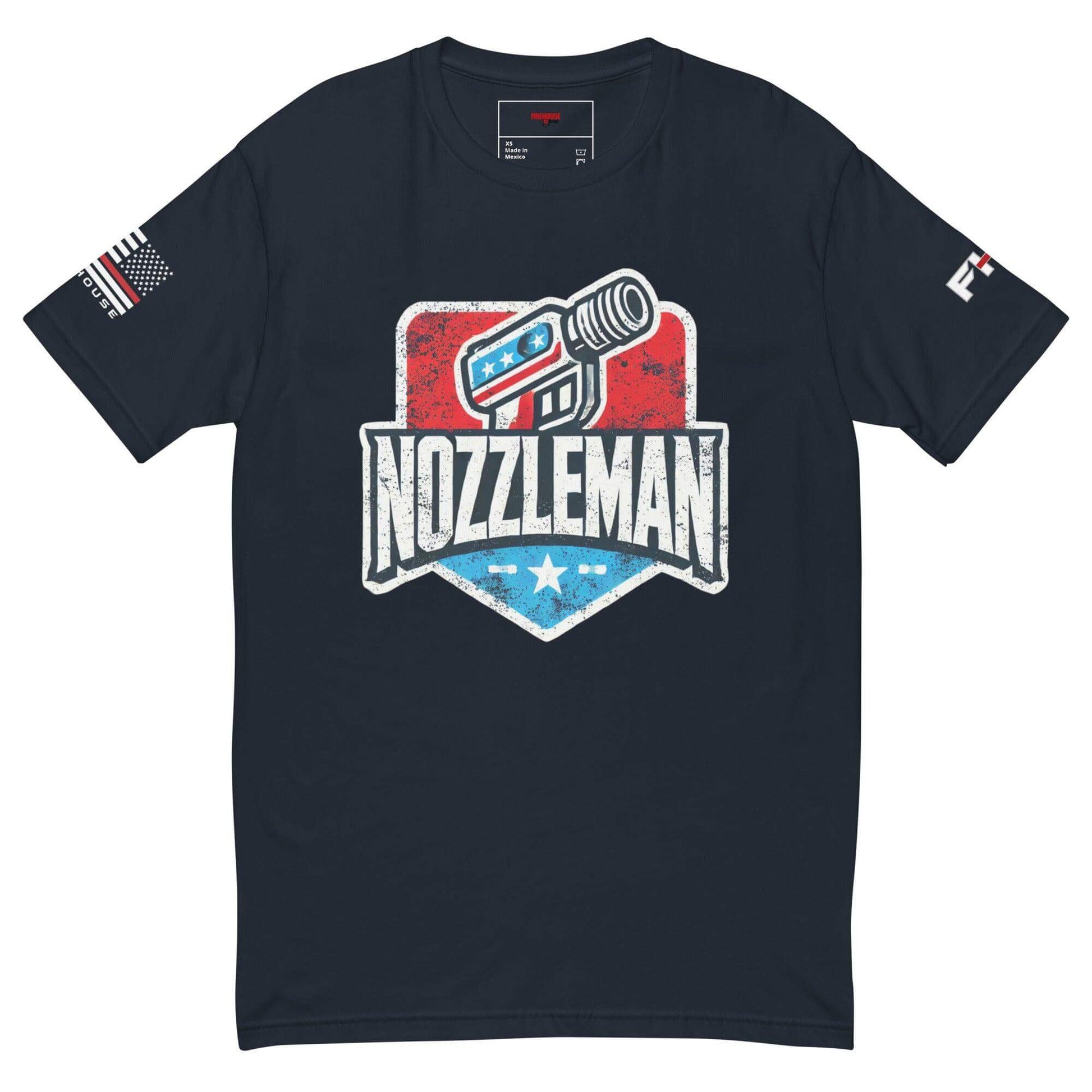 Nozzleman firefighter t-shirt featuring a patriotic design, perfect for firefighter gear and gifts for firehouse enthusiasts.